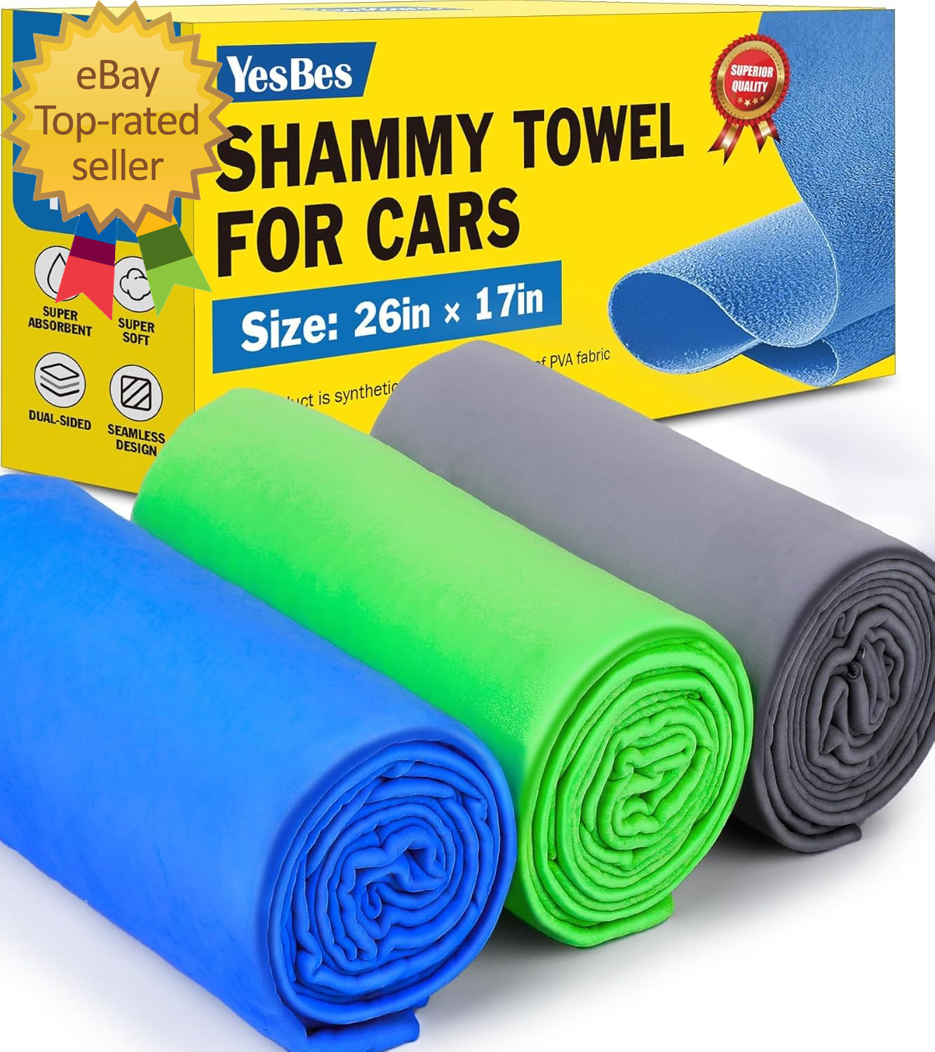 3 Pack Premium Chamois Towel for Car, 26”X17” Shammy Cloth for Car Drying, Super