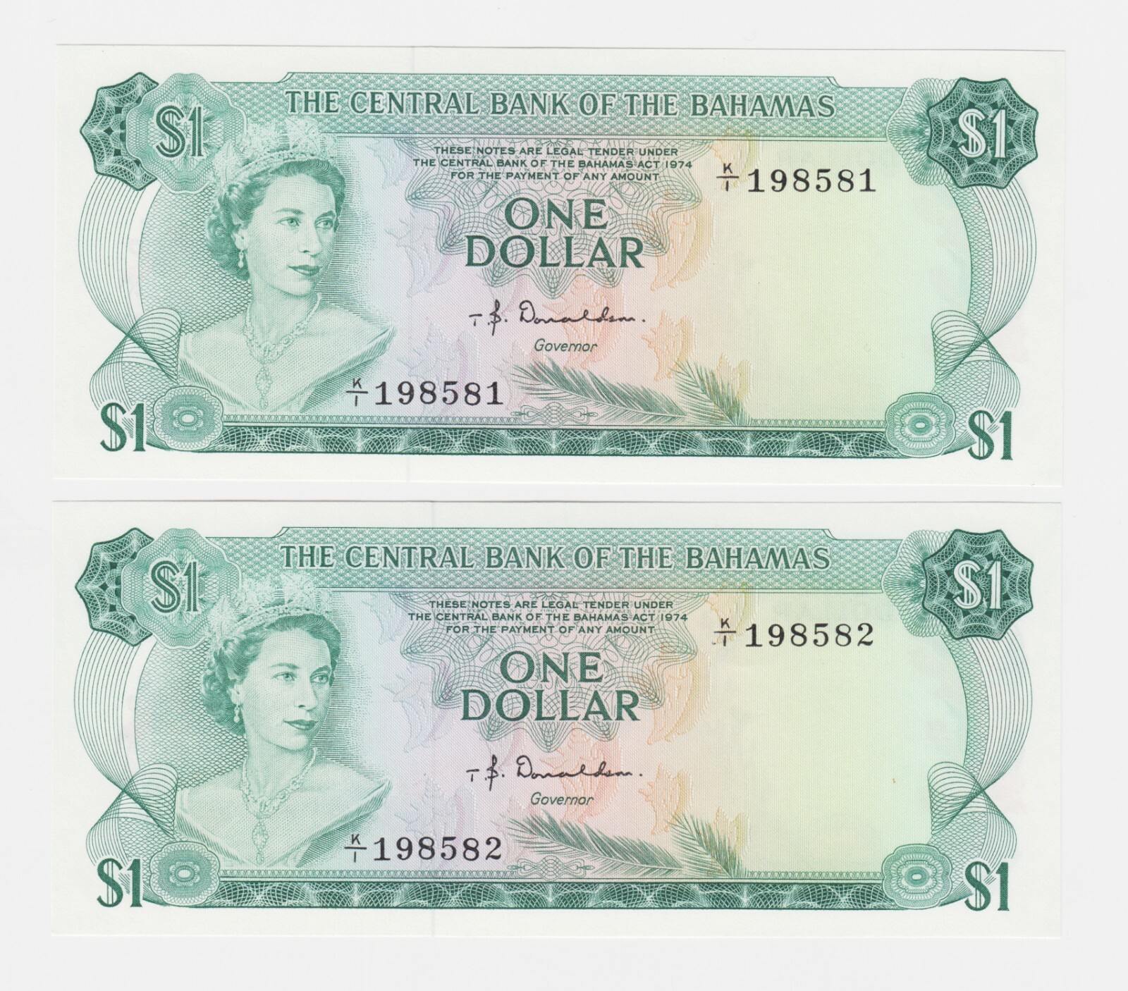 BAHAMAS $1 One Dollar 1974 P35a GEM UNC CONSECUTIVE PAIR Serial Rare