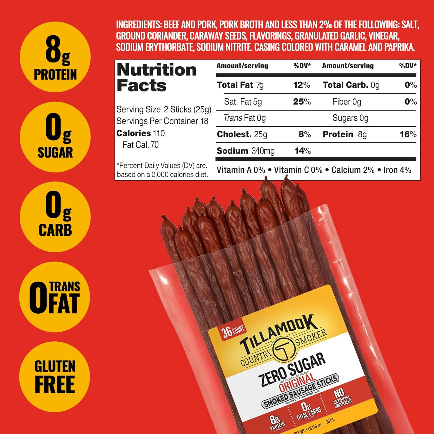 Smoked Sausage, Zero Sugar, Original, 16 Ounce (36 Count Meat Sticks Bulk Pack)