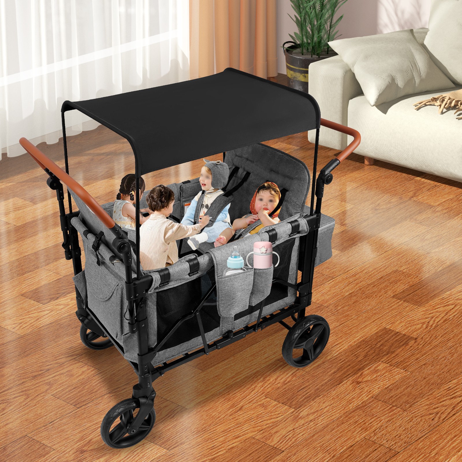 Foldable Kids Wagon Cart for 4 Children with 5-Point Belts, Grey/Black