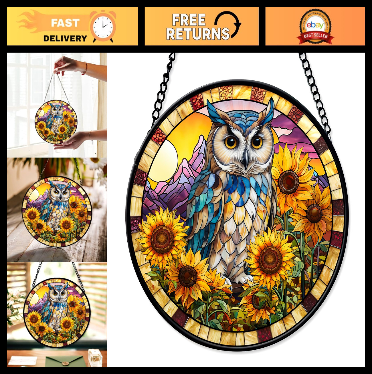 Colorful Owl Stained Glass Suncatcher - 7.8'' Window Hanging Decor for Home, Gif