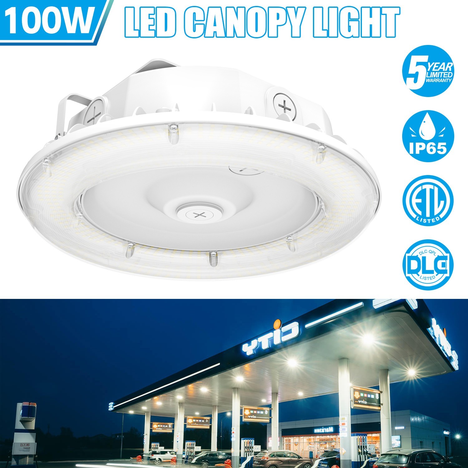 LED Canopy Light 100W 4500K/5000K/5700K Commercial Garage Parking Lot Lighting