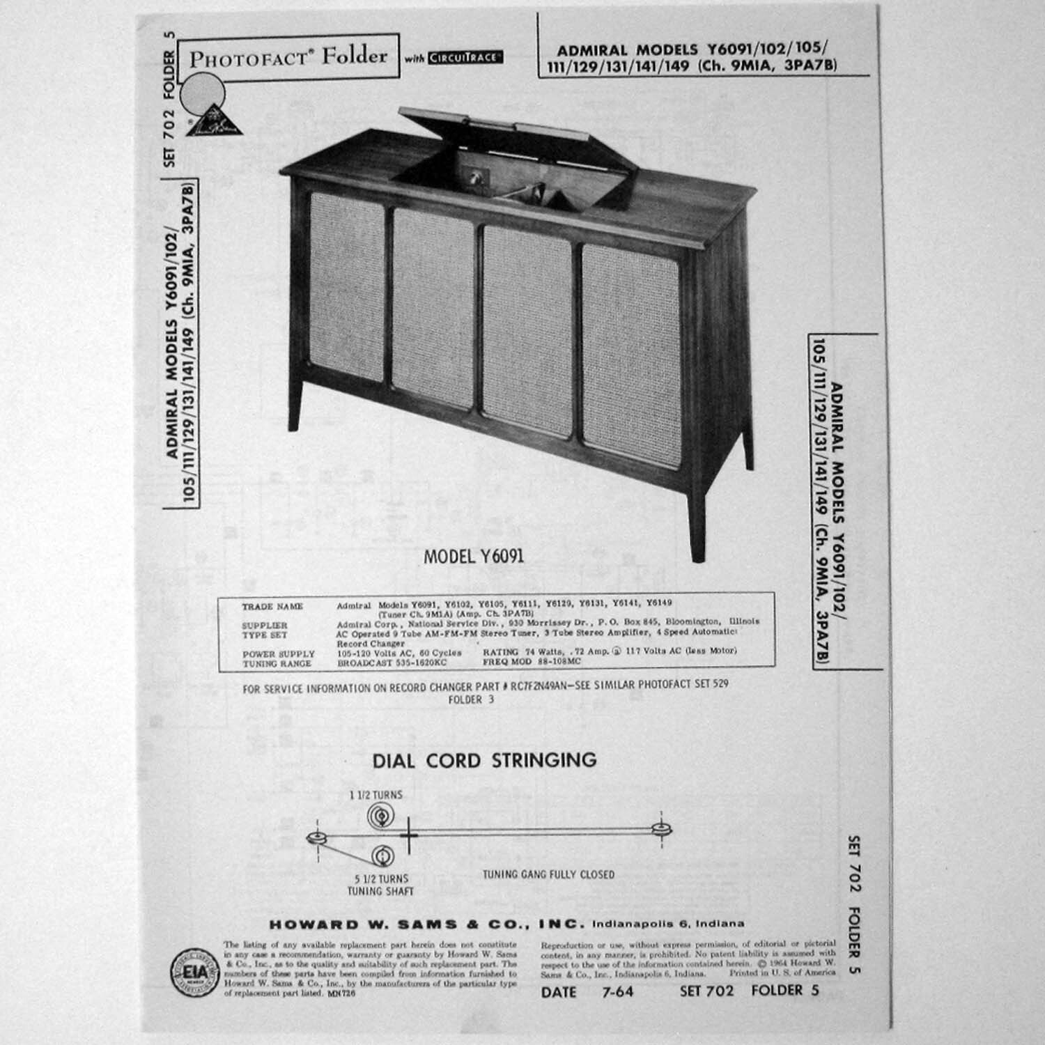 Admiral Models Y6091 Y6102 Y6105 Y6111 Y6129 Y6141  SAMS Photofact ™ 1964 - New