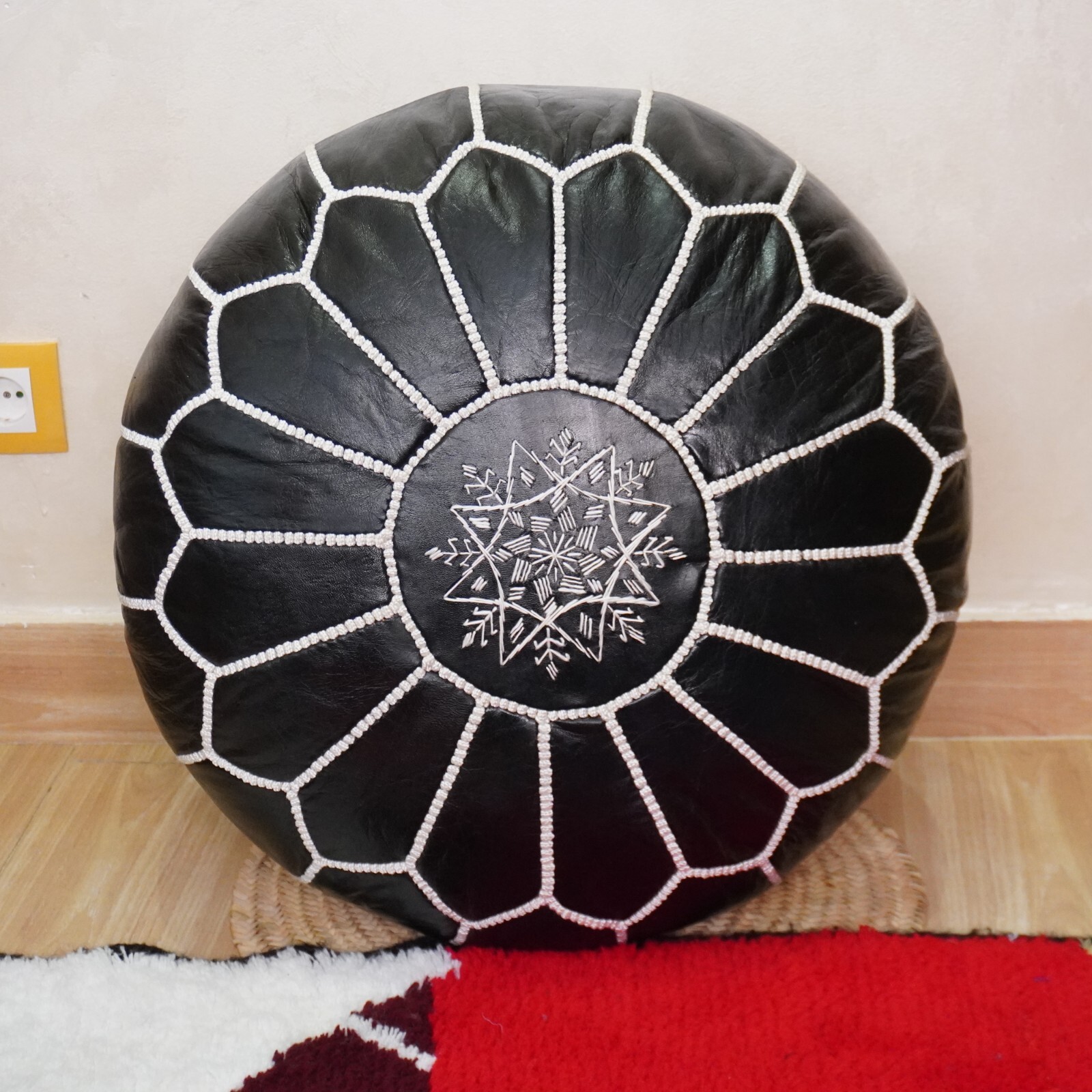 Moroccan Handcrafted Leather Pouf, handmade leather pouf, White and black pouf,