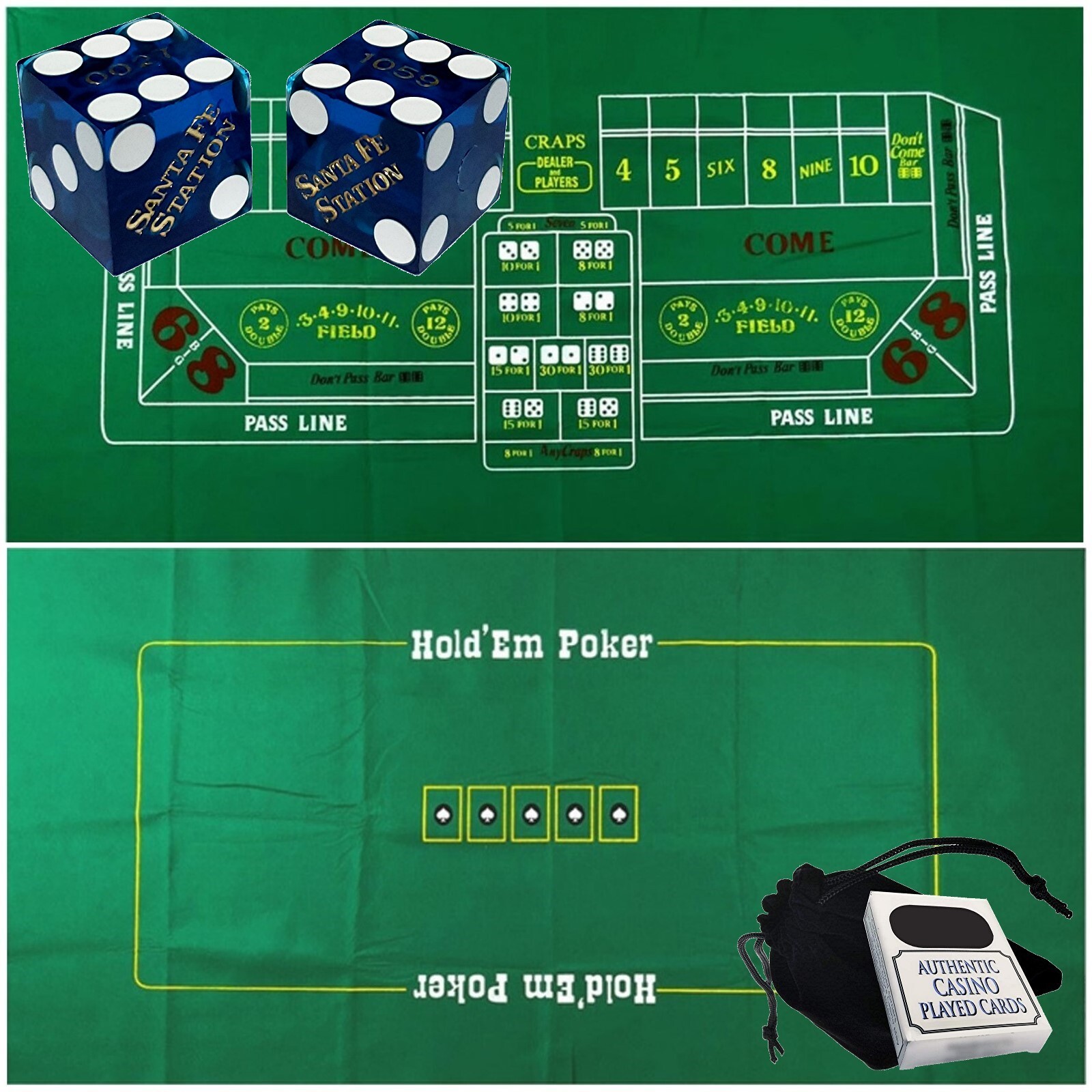 Santa Fe Station Casino Blue Polished Dice + Vegas Cards + Craps & Poker Layout