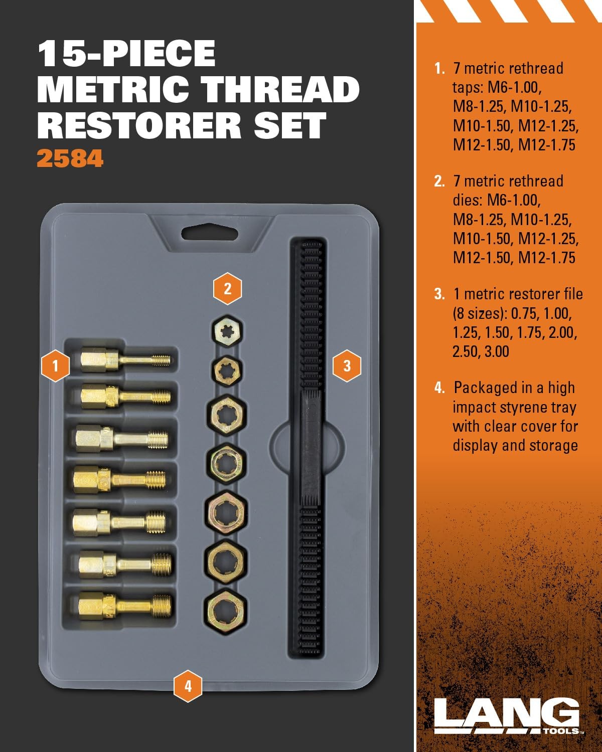 Lang Tools 2584 15-Piece Metric Thread Restorer Set, Black , One Size, Gray