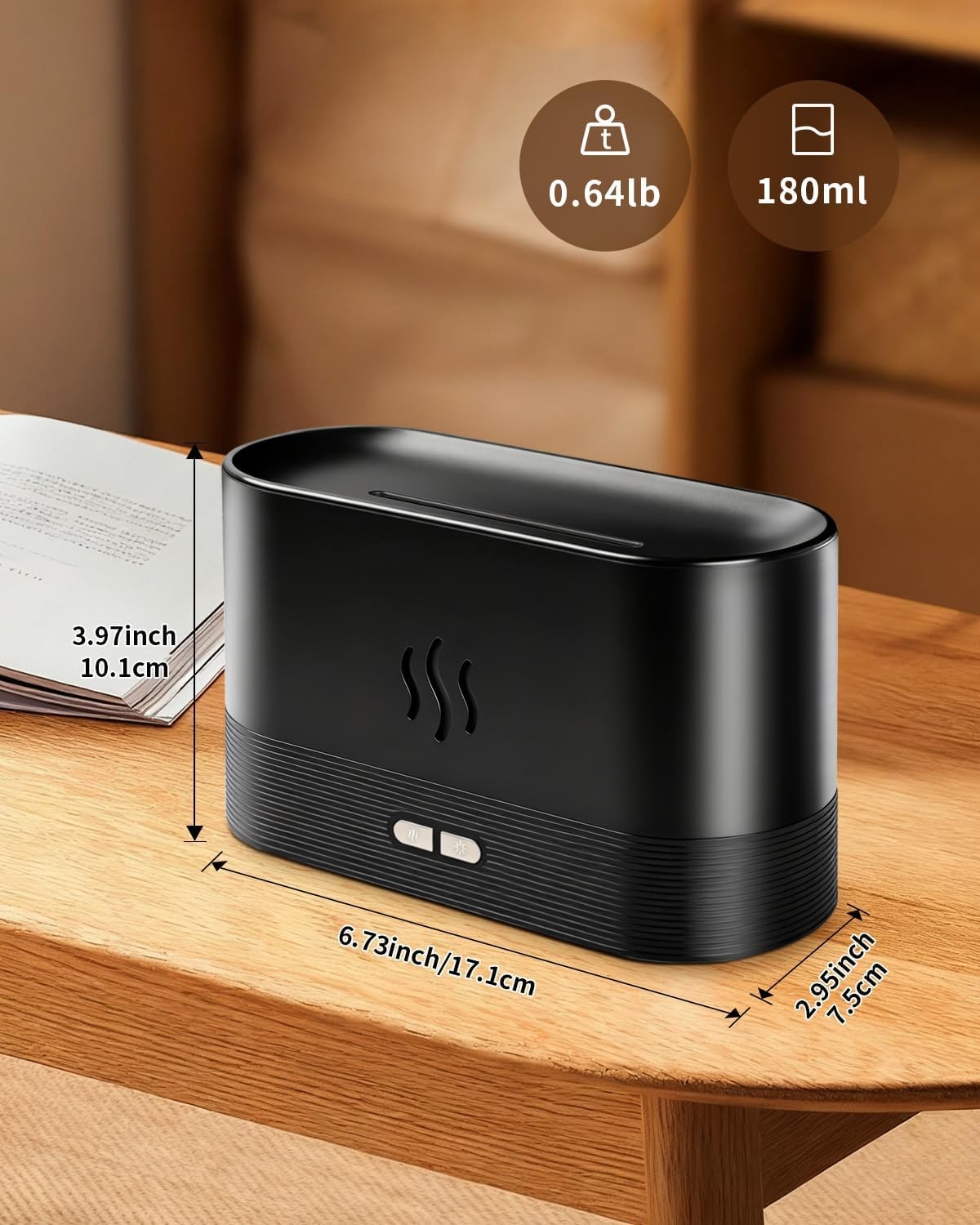 Flame Effect Essential Oil Diffuser, Ultrasonic Aromatherapy Humidifier (Black)