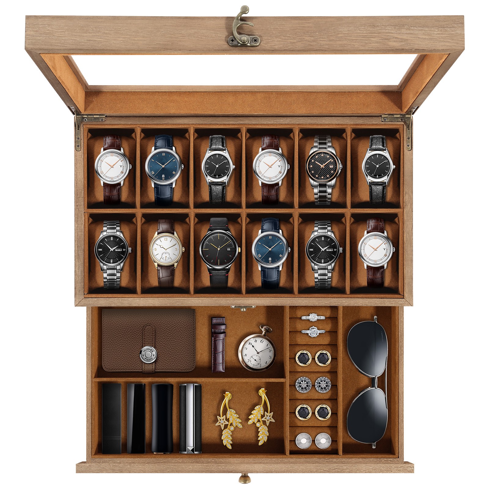 12 Slot Solid Wood Watch Box, Clear Top, Jewelry Storage Display Case