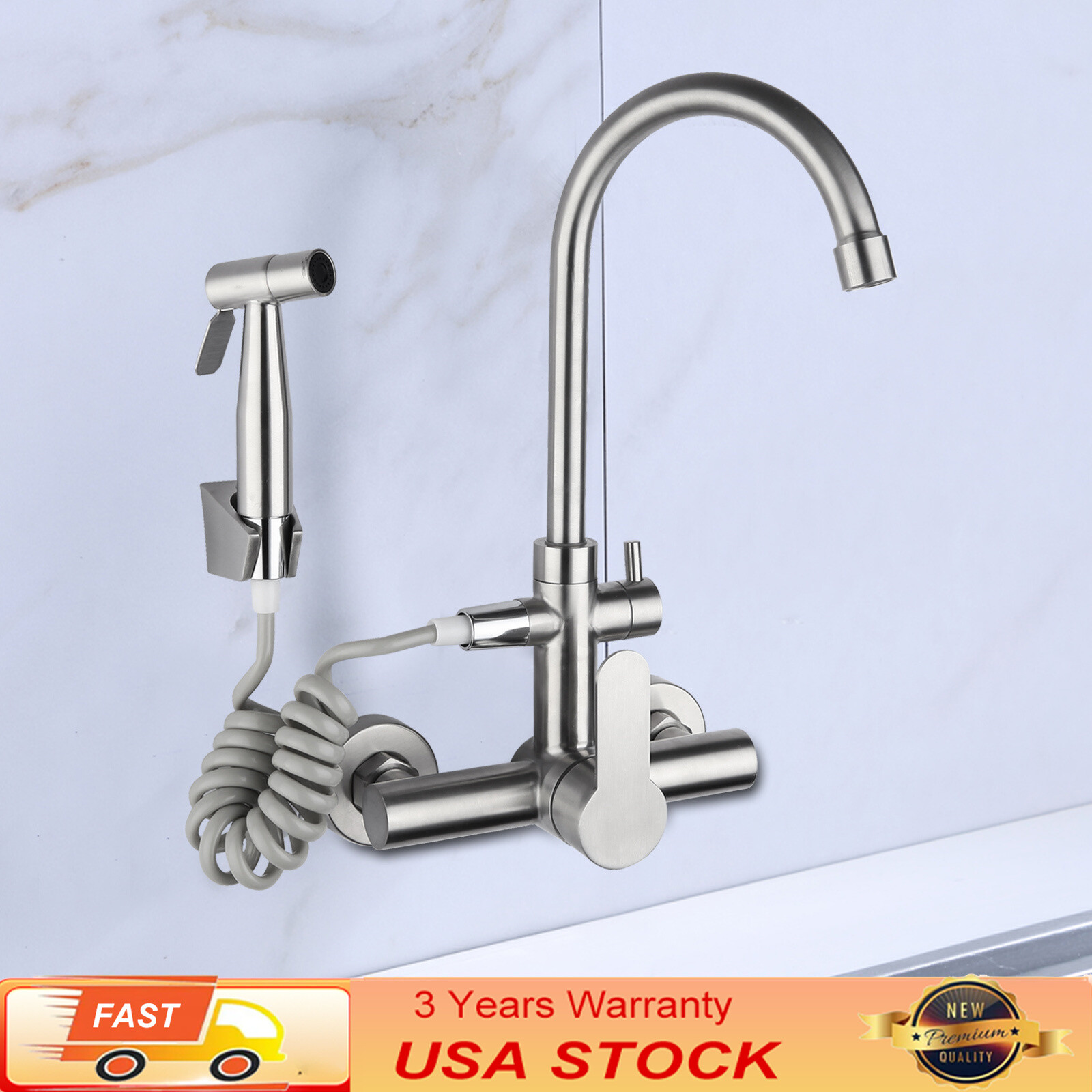 Stainless Steel Commercial Sink Faucet Wall Mount 360°Rotation Kitchen Faucet US