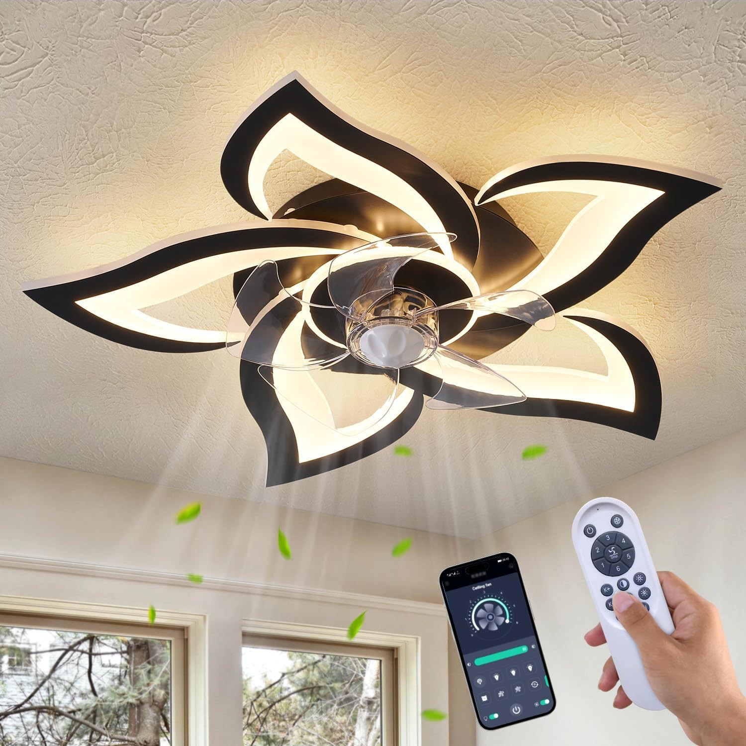 Ceiling Fan with Lights Remote Control 24 Black 6 Speeds 3 Light Color Low Pr