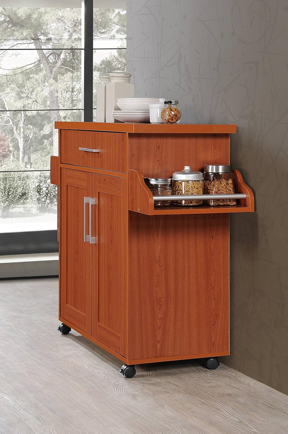 Kitchen Island with Spice Rack, Towel Rack & Drawer, Cherry
