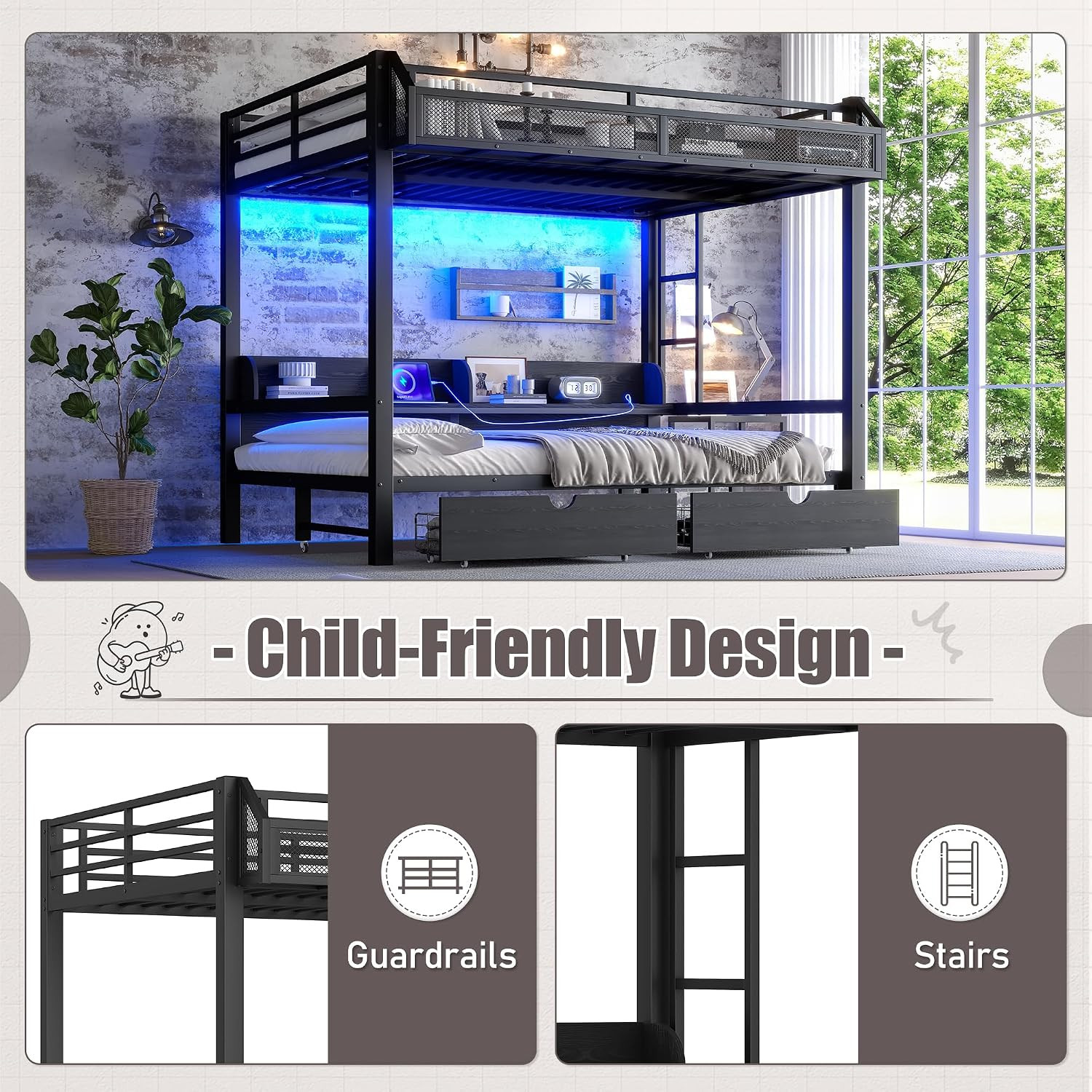 Queen over Queen Bunk Bed with Storage Shelves and Drawers, Metal Bedframe with