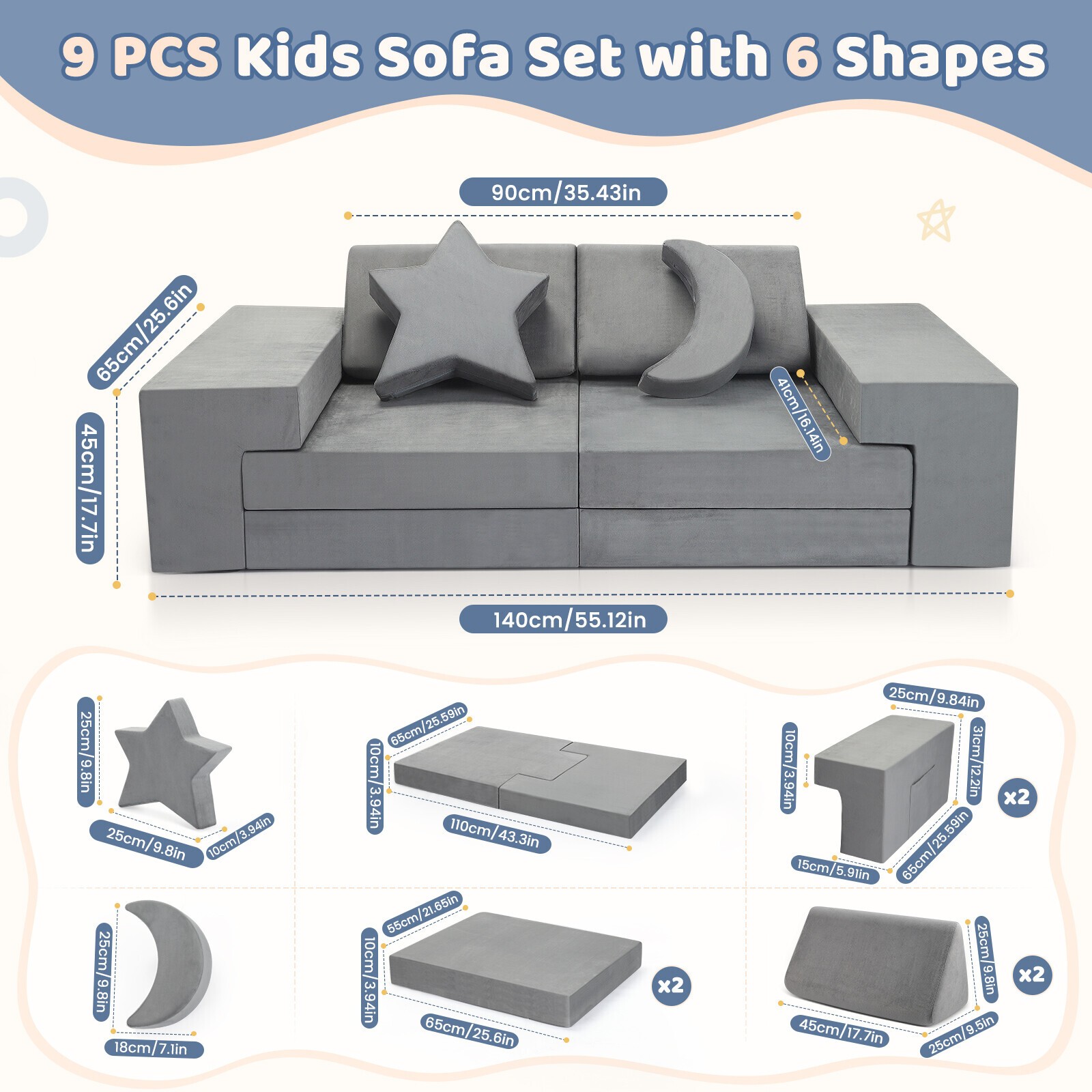 9pcs Modular Kids Play Couch, Kids Toddler Couch, Child Sectional Gray Washable
