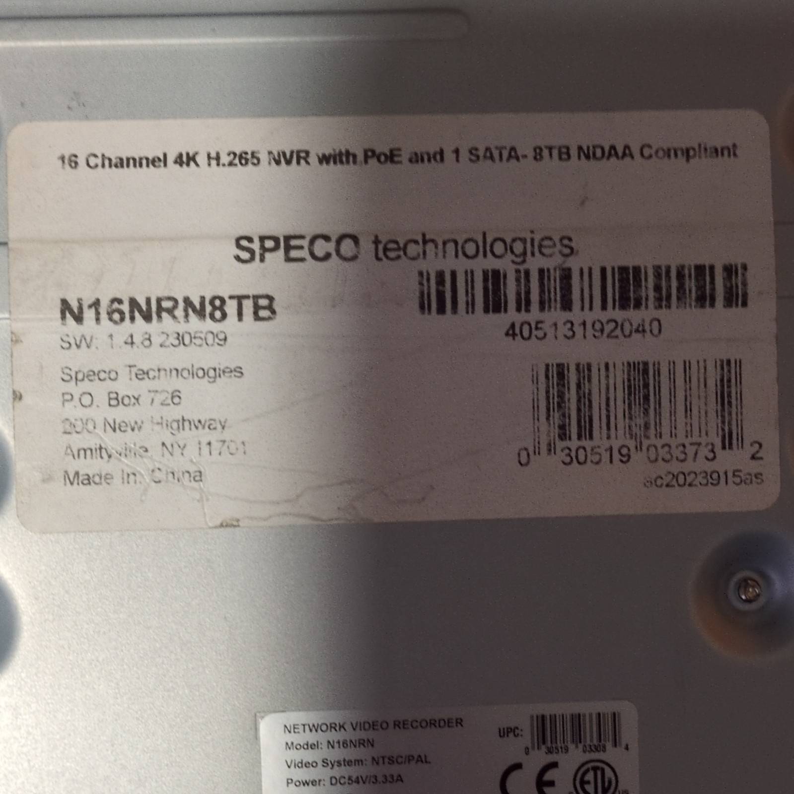 Speco Technologies N16NRN8TB 16-Channel 4K H.265 PoE NVR 8TB