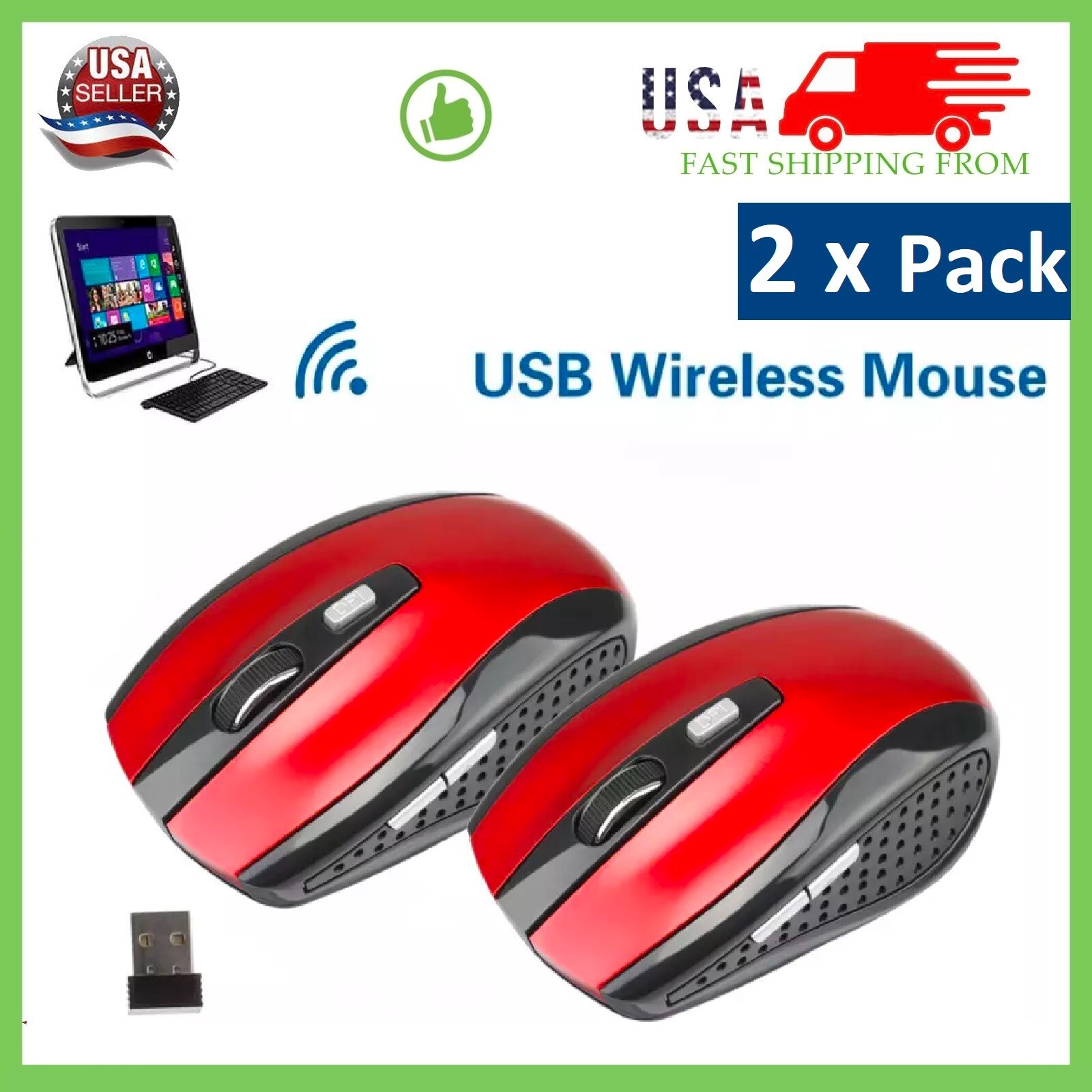 2 Wireless Optical Mouse Mice 2.4GHz USB Receiver For Laptop PC Computer DPI USA