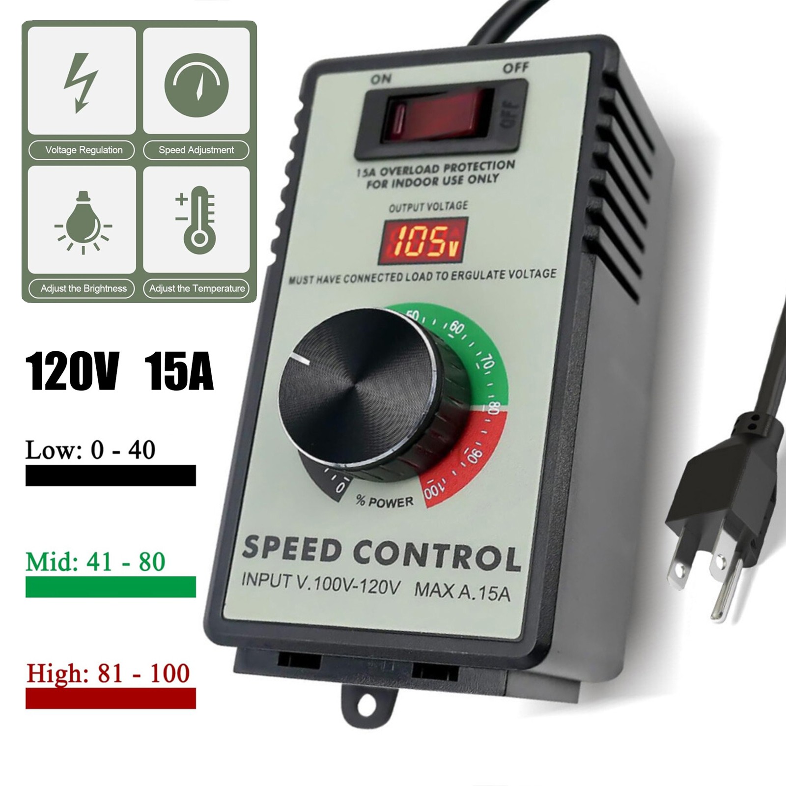 4000W AC Motor Speed Controller 110-120V 15A Voltage Regulator Variable Switch