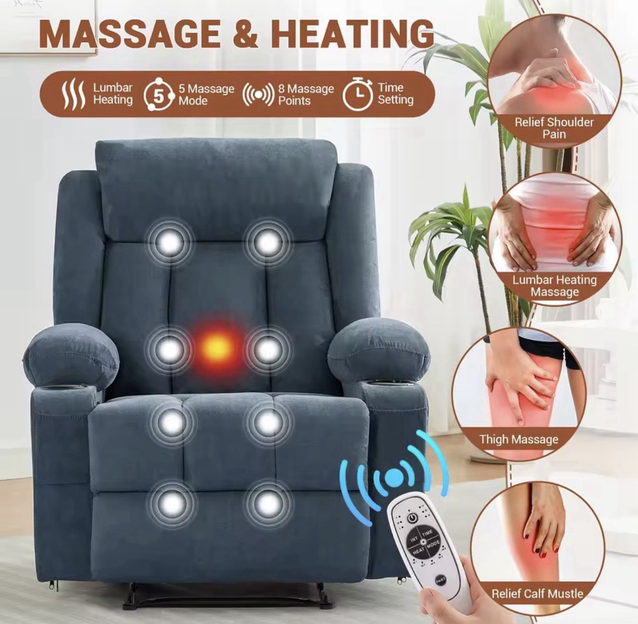 New Elderly Power Lift Recliner Chair Sofa Back Leg Massage & Heat Cup Holders