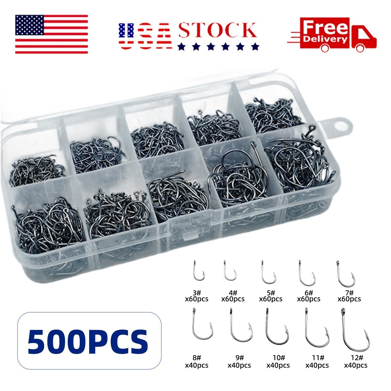 500PCS✔️ Fish Hooks 10Sizes Fishing Black Silver Sharpened With Box Quality kit