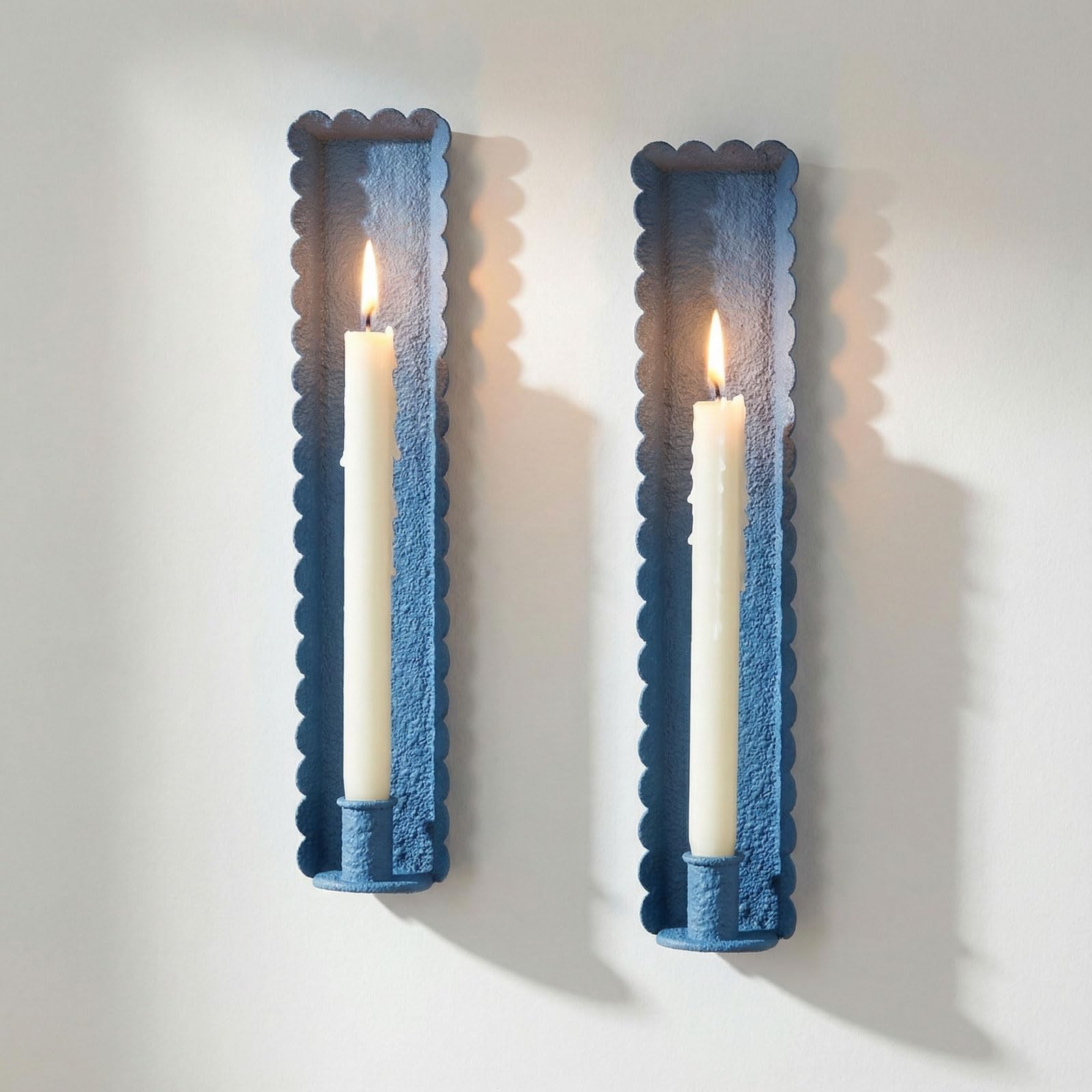 Blue Wall Candle Sconces Set of 2, Scalloped Edge Box-Shaped Cast Iron Farmho...