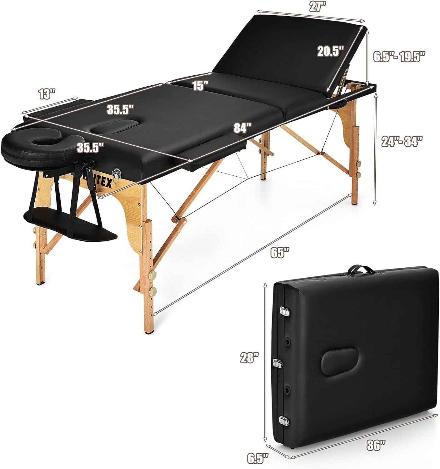 84" Folding Portable Massage Table 3 Sections Spa Salon Bed with Face Cradle