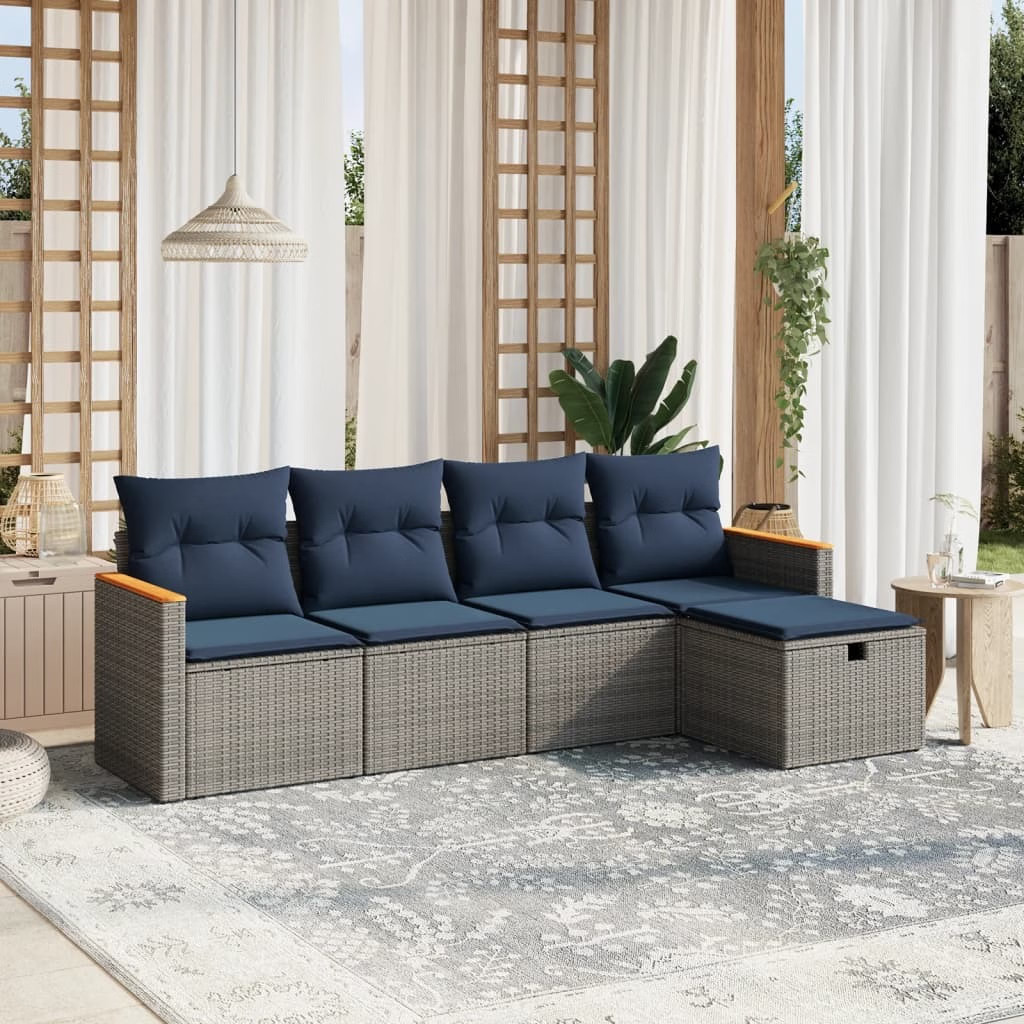 5 Piece Patio Sofa Set with Cushions Gray Poly Rattan