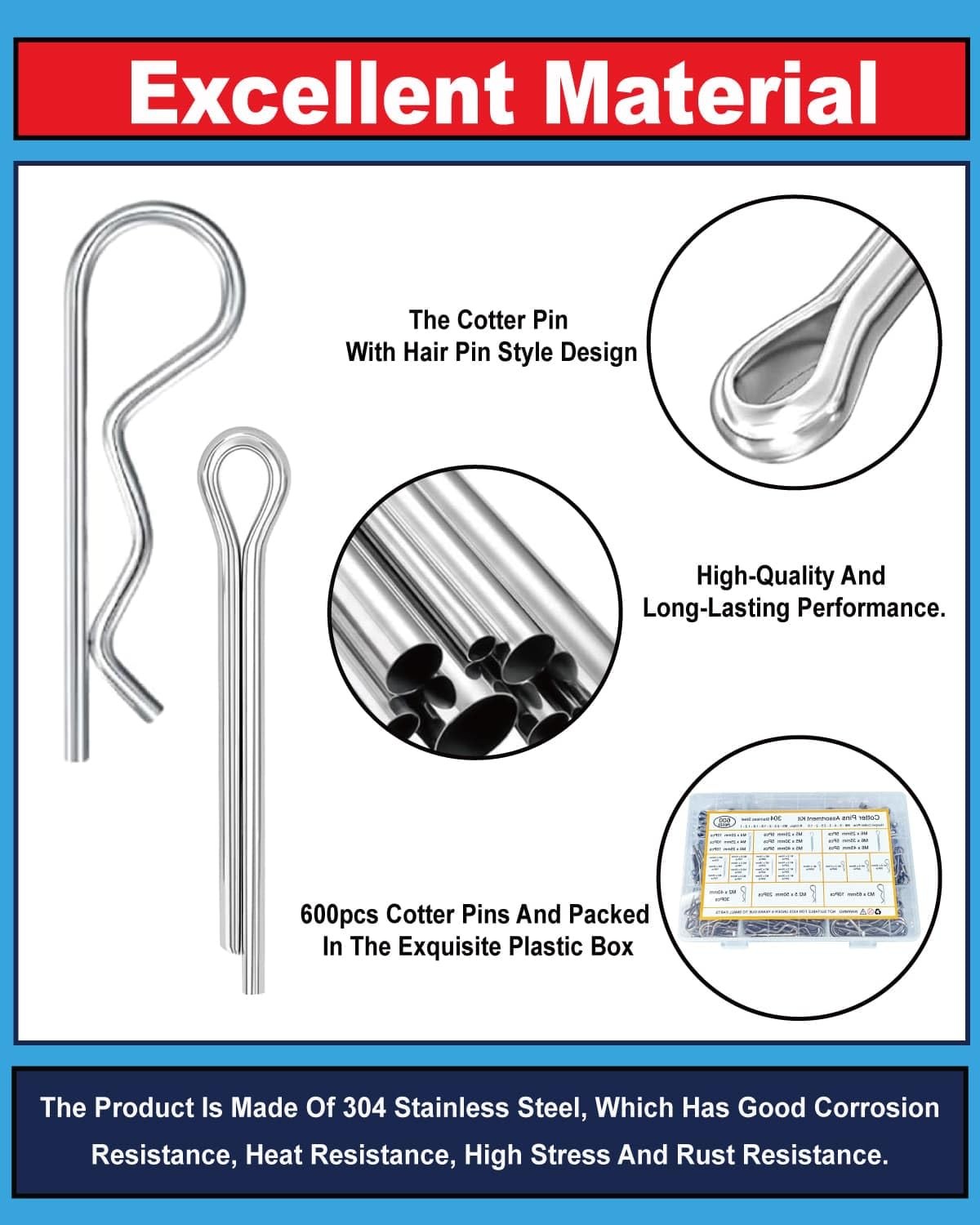 600 Pcs Cotter Pins Assortment Kit - 31 Sizes Hardware Pins Set 304 Stainless St