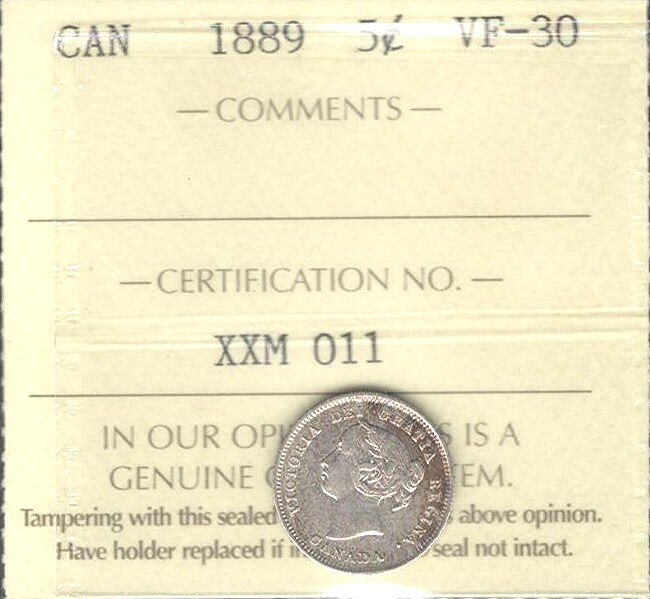 1889 Five Cents Silver ICCS VF-30 Beauty SCARCE Date HIGH Grade KEY Victoria 5¢