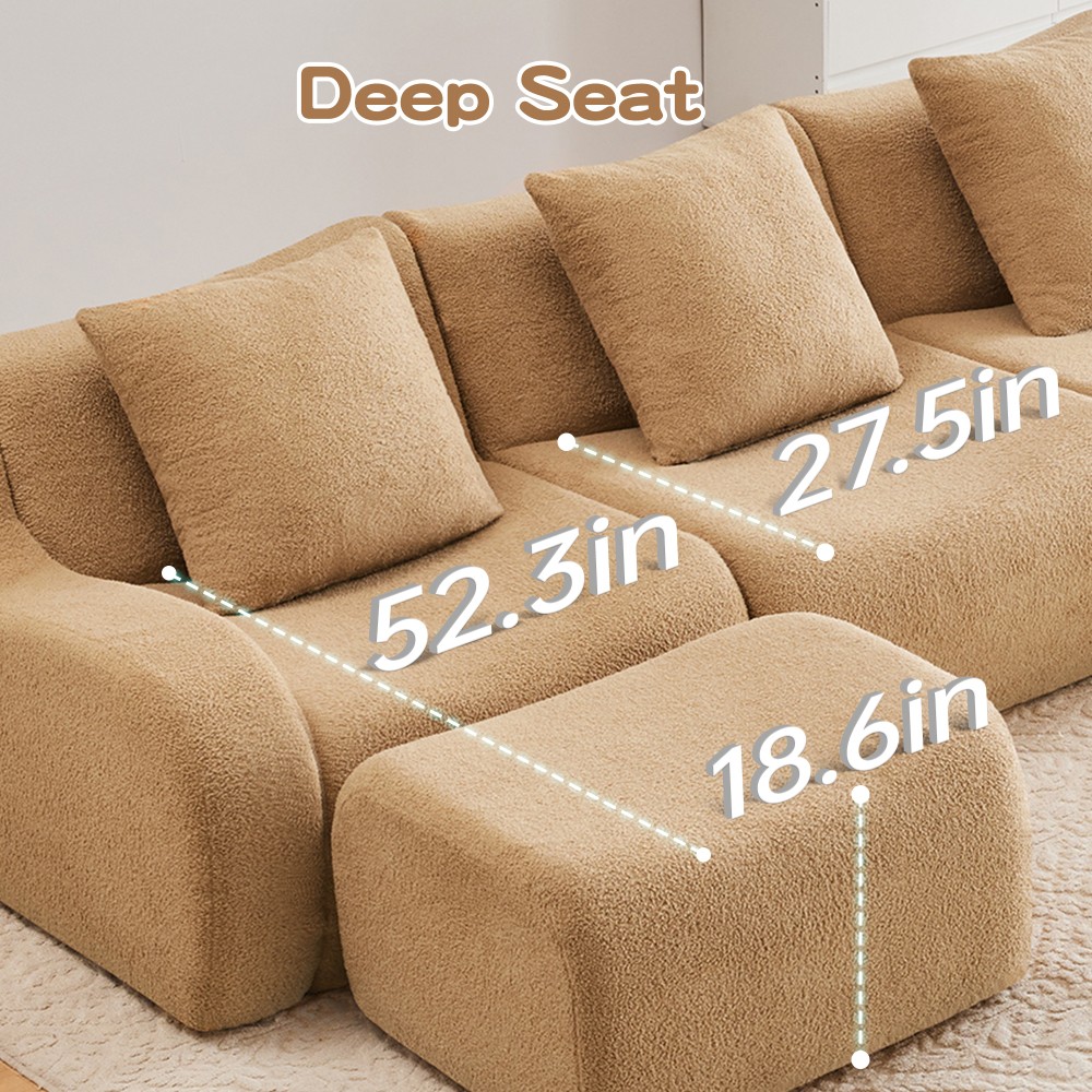 L-Shaped Teddy Fabric 2-Seat Sofa w/ Curved Armrests, No Assembly
