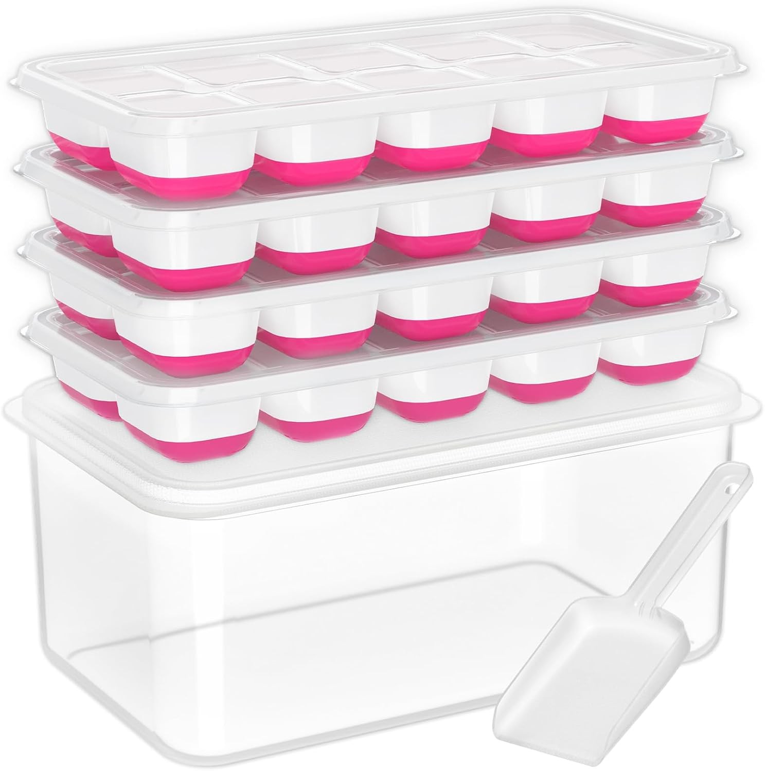 Silicone Ice Cube Trays 4 Pack with Lid Bin Scoop, Stackable Easy Release