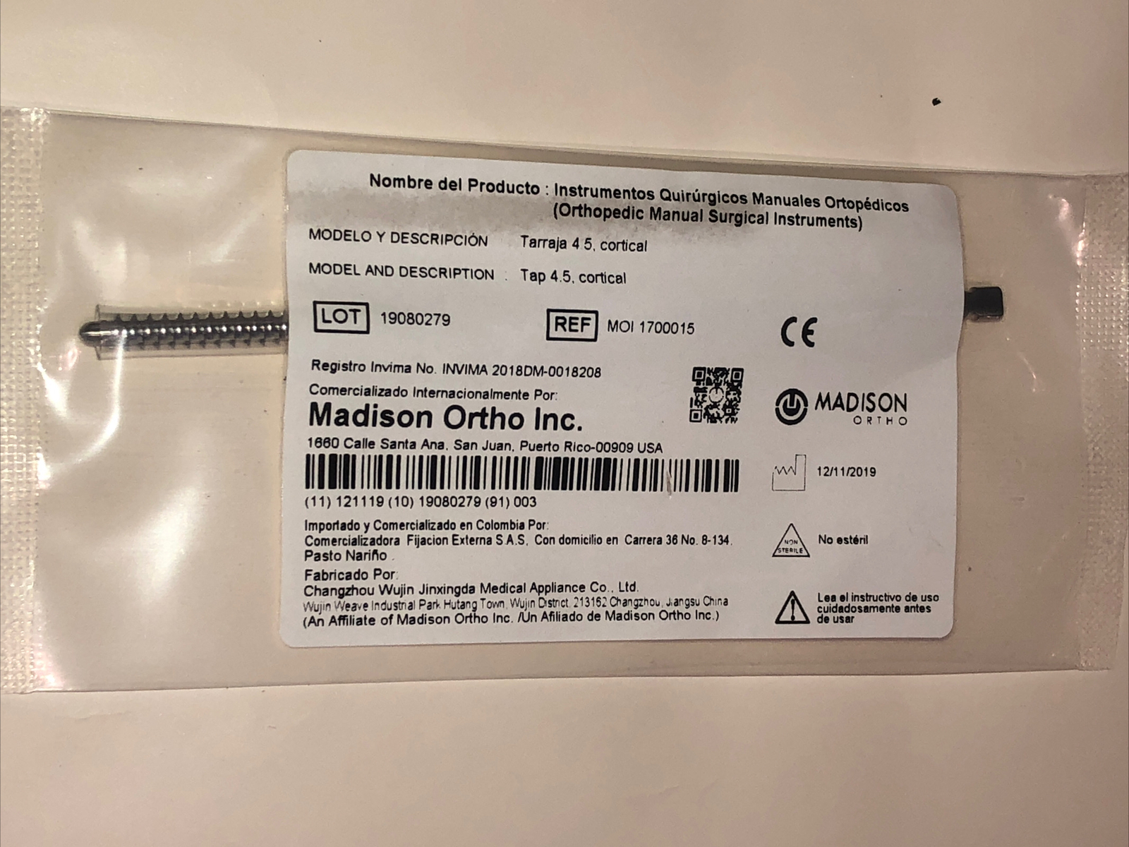 MADISON ORTHO Tap 4.5 cortical REF:MOI 1700015 lot:19080279