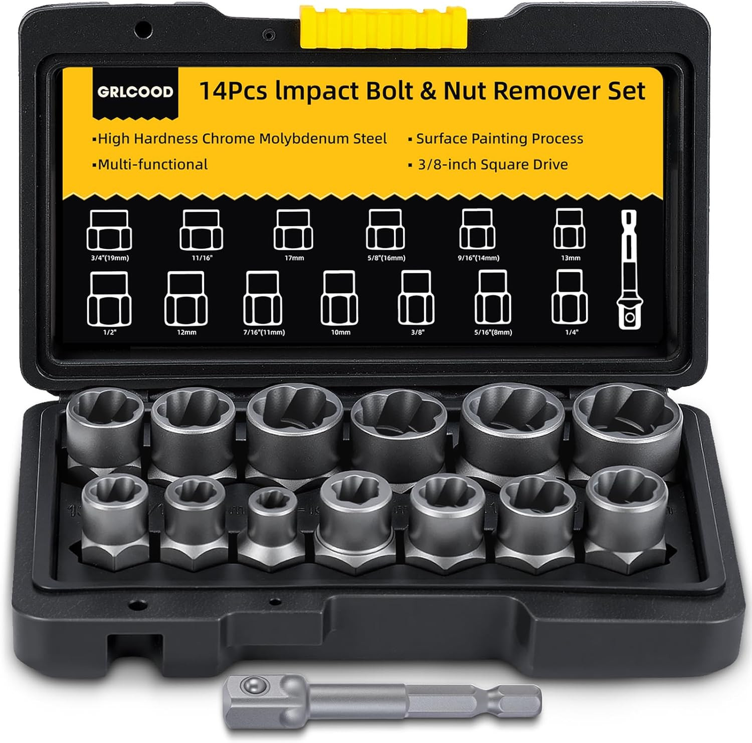 Bolt Extractor Kit, 14 PCS Impact Bolt & Nut Remover Set with 3/8 Inch Adapter