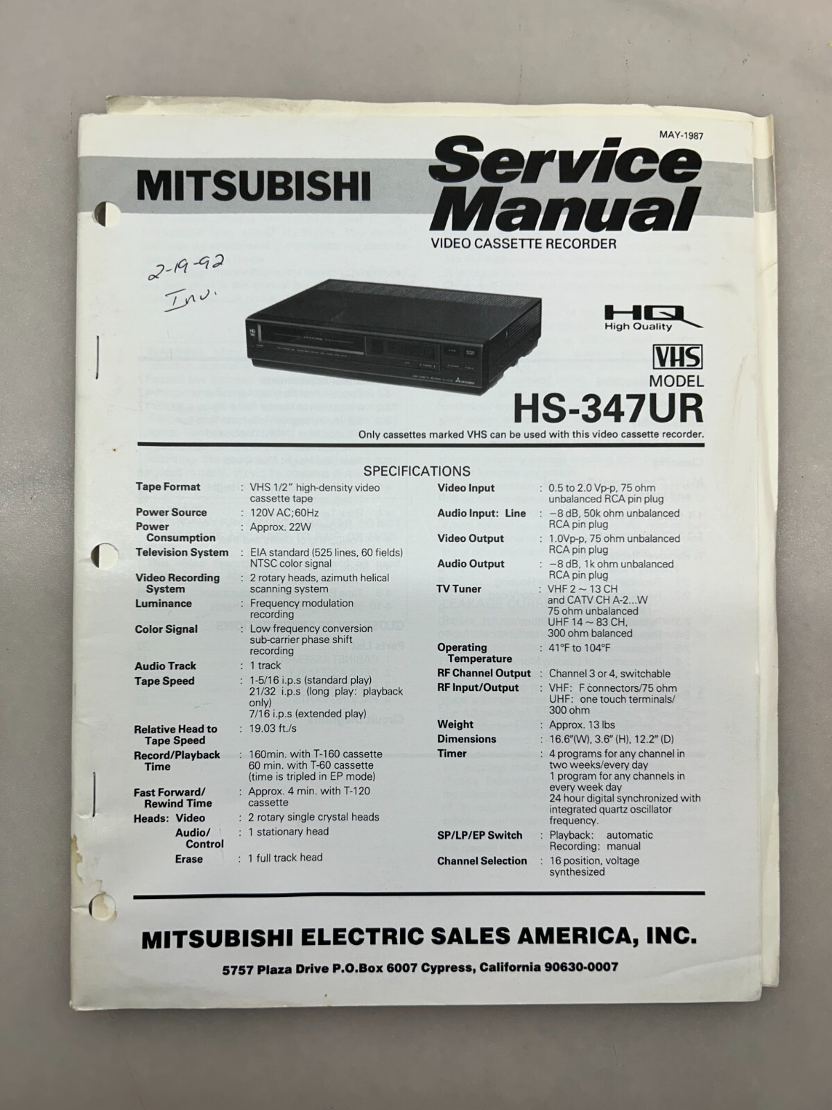 Mitsubishi HS-347UR Original Service Manual Free Shipping