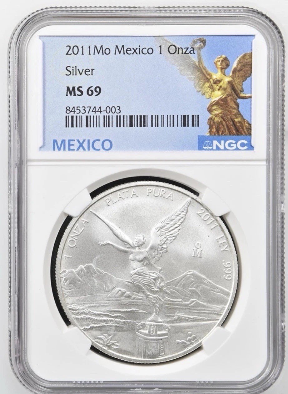 🔥🔥2011 Mo Mexico 1 Onza Silver Libertad, Blue Angel Label, NGC MS-69🔥🔥