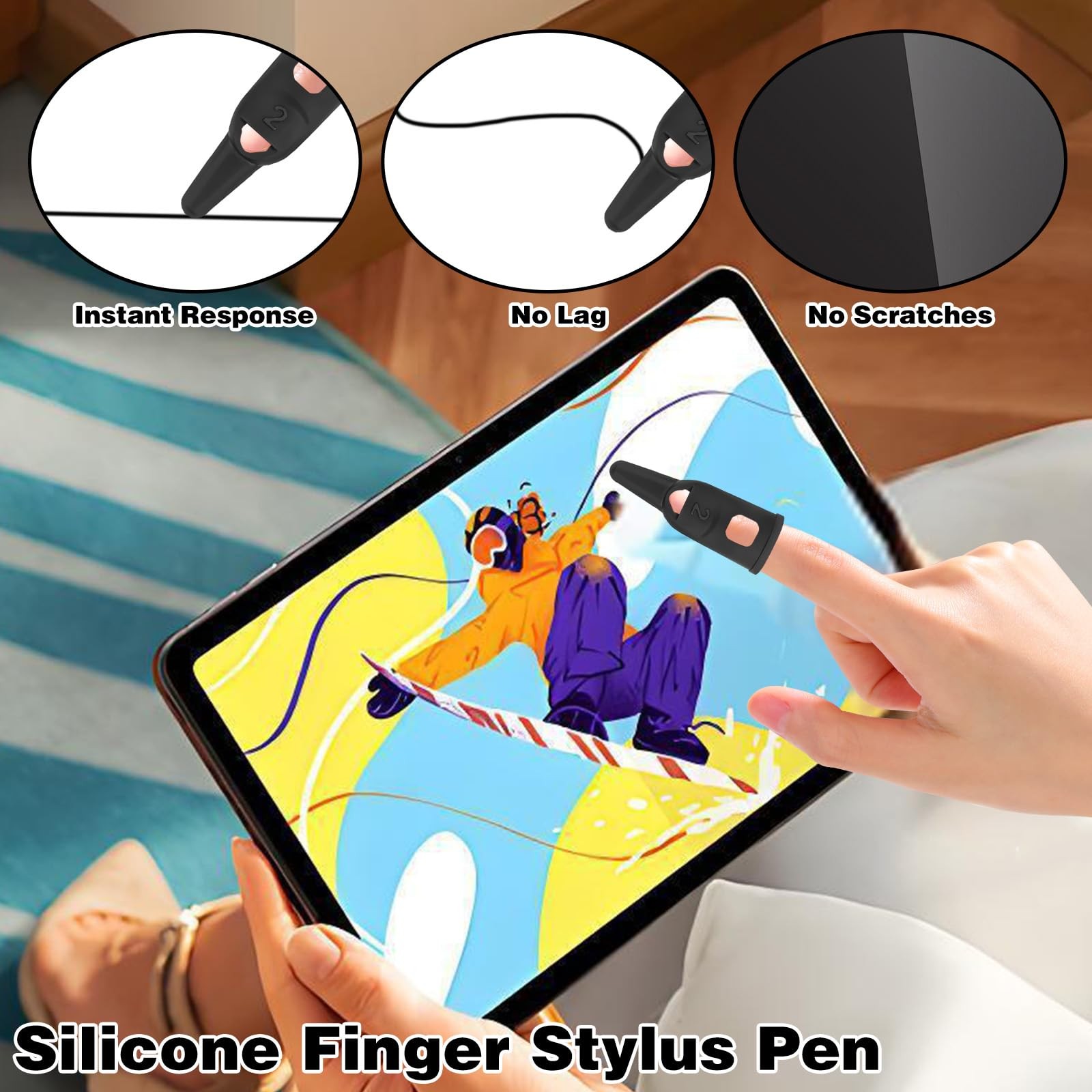 6Pcs Finger Stylus Pen for Touchscreen High Precision Sensitivity Black