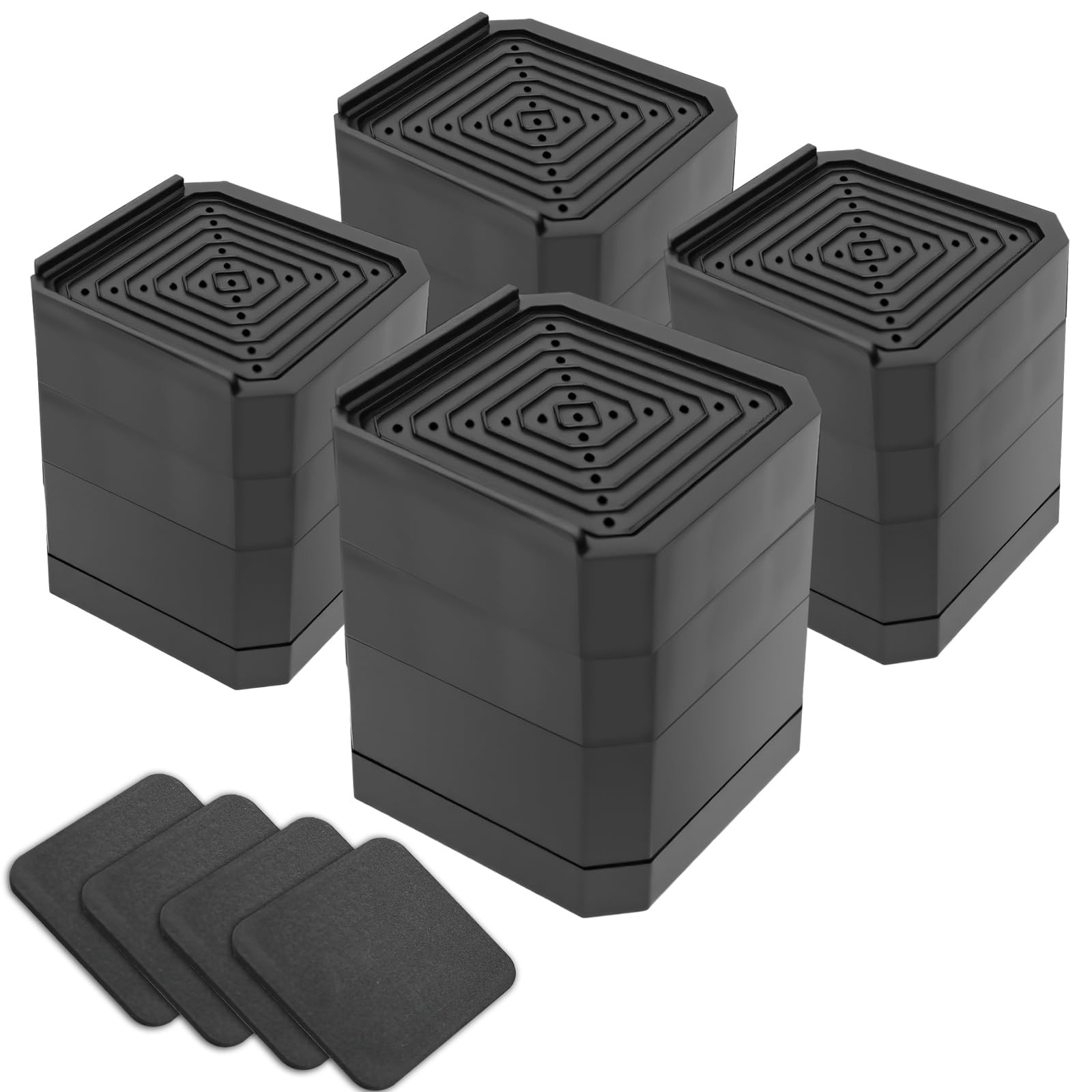 4 Pack Black Adjustable Bed Risers, 1.5, 3, 4.3 Inch, Heavy Duty, Lifts