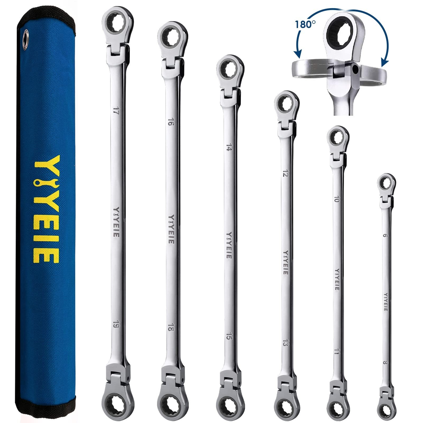 6 Pcs Extra Long Flex Head Ratcheting Wrench Set, Metric Long Wrench 8mm - 19...