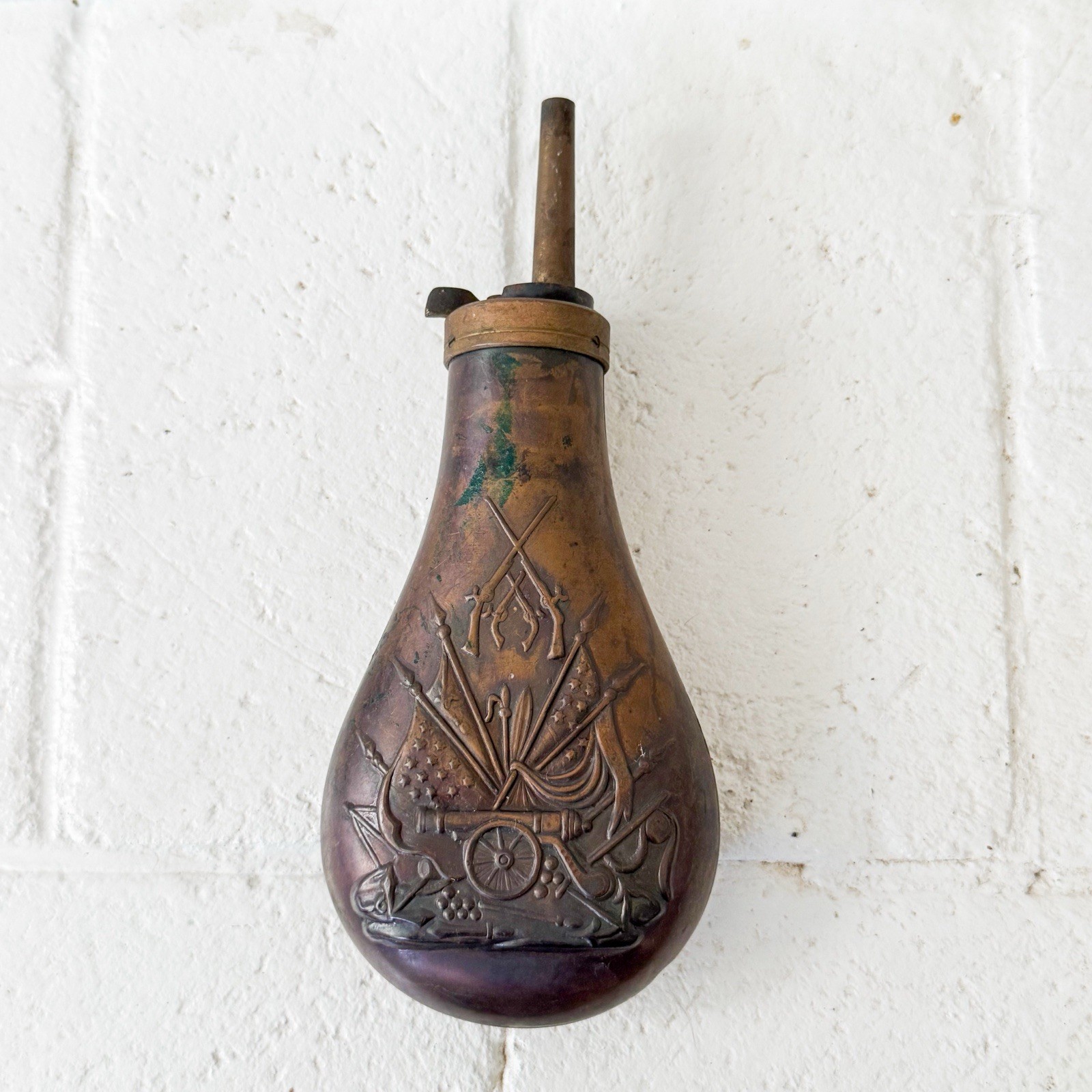 Antique 1800s Copper Brass Metal Powder Flask Civil War 6.5” RARE