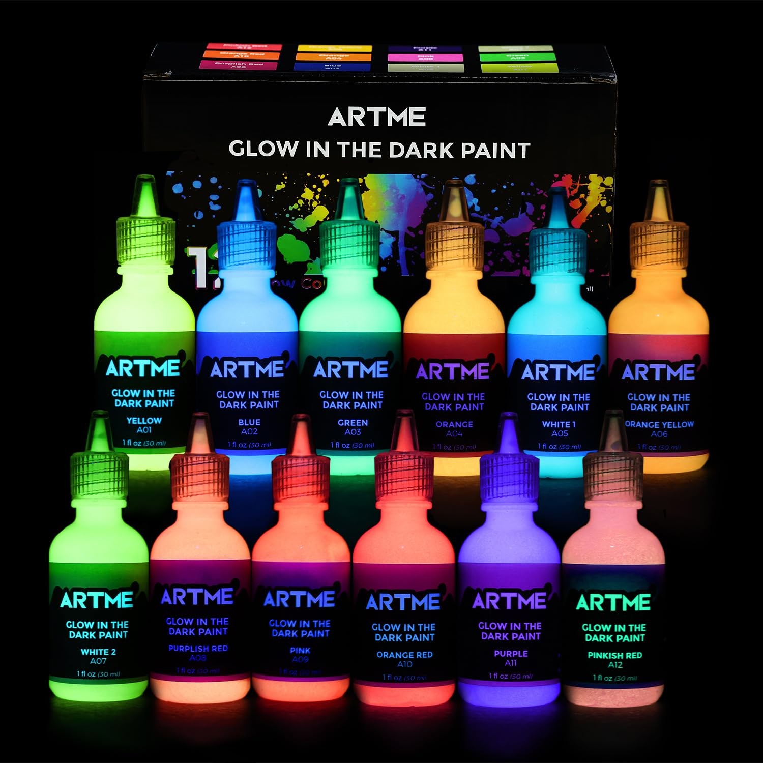 ARTME Glow in The Dark Paint, Paint Set 1 Fl Oz (Pack of 12), 12 colors