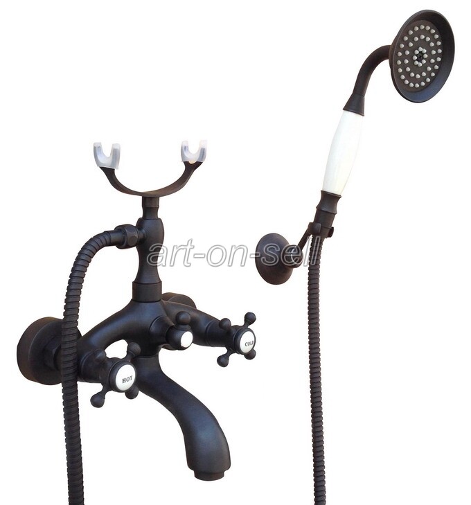 Wall Mount Oil Rubbed Bronze Clawfoot Bathtub Faucet Filler Mixer w/ Hand Shower