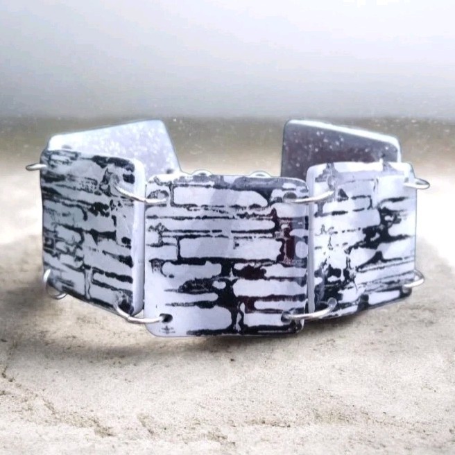 Handcrafted Reversible Polymer Clay Resin Silver Bracelet Black Gray White