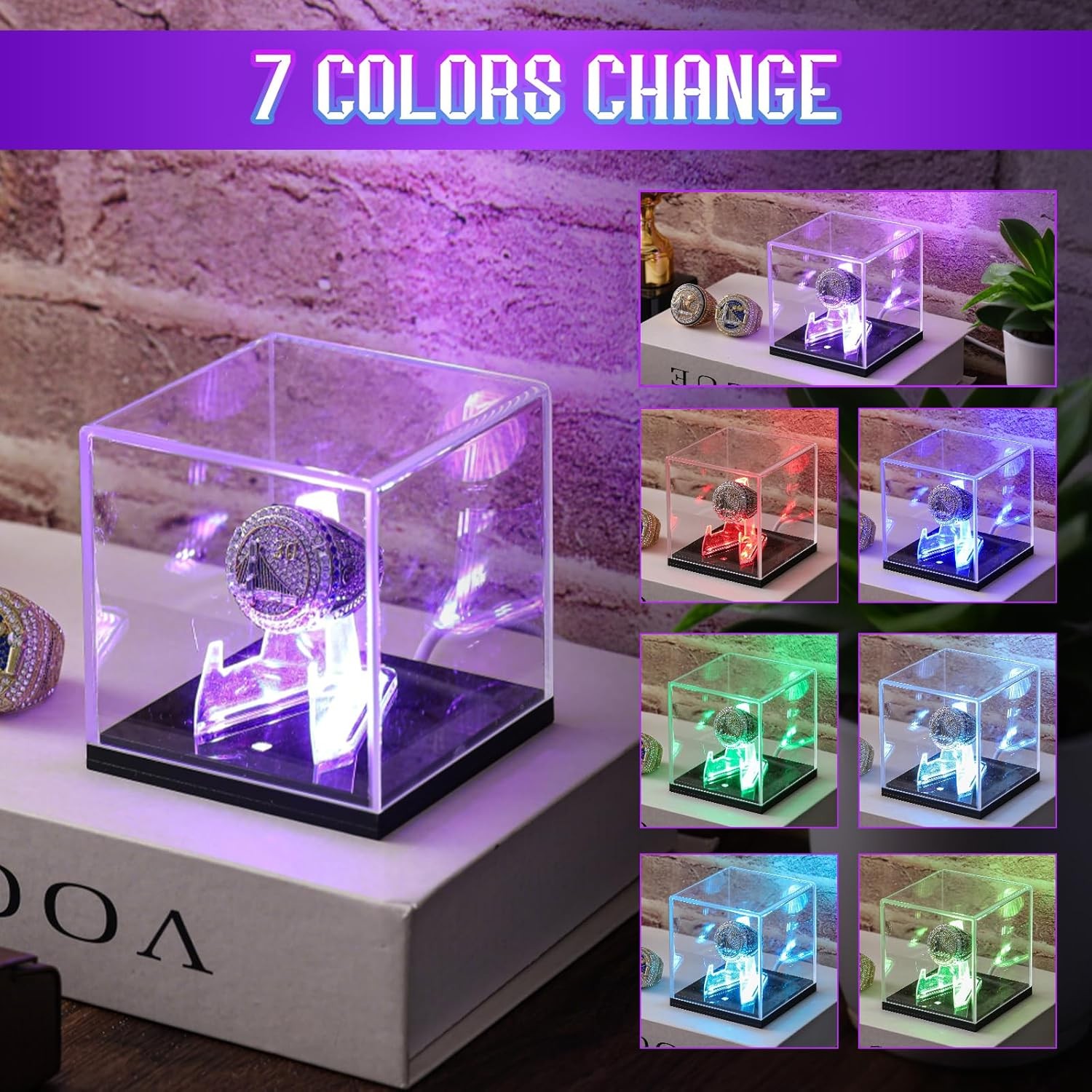 Acrylic Championship Ring Display Case with LED Light 7 Color Clear