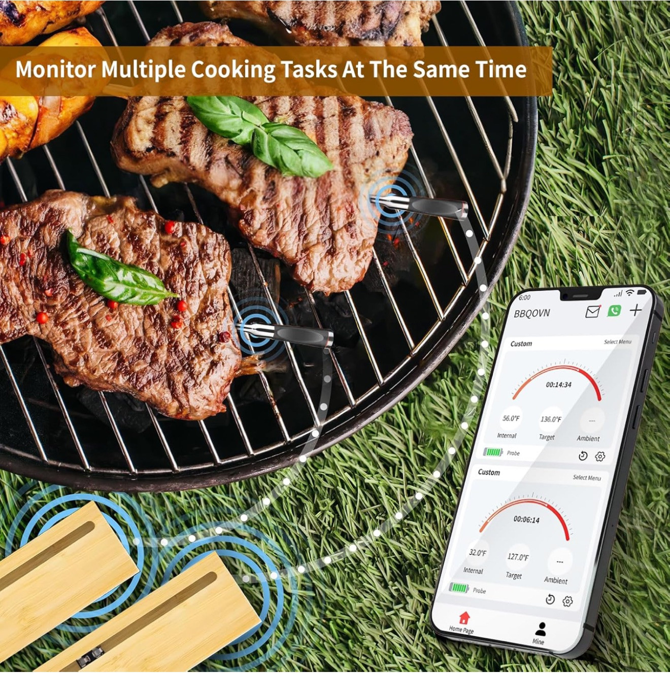 Smart Wireless Meat Thermometer Zero Wire with Range, Bluetooth To Phone, BBQ