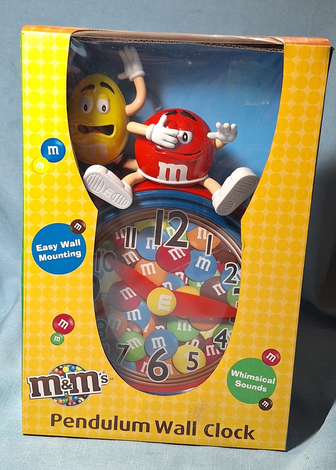 RARE M&M Pendulum Wall Clock Whimsical Sound Talking Nighttime Shut Off NIB