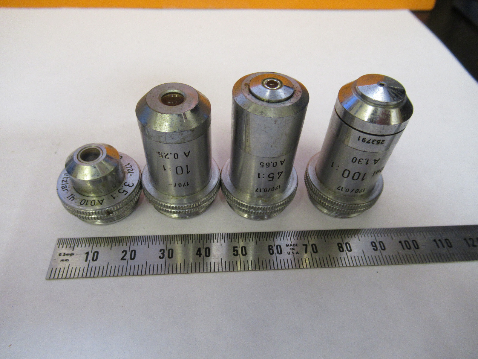 LEITZ WETZLAR LOT 4 PCS OBJECTIVE LENS OPTIC MICROSCOPE PART AS PICTURED Y1-A-37