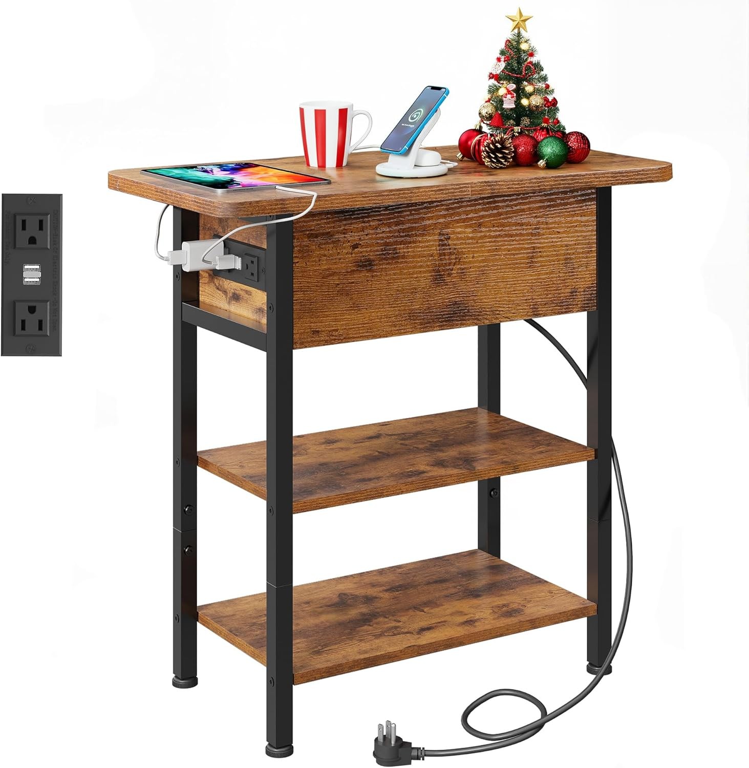 End Table W/ Charging Station Flip Top Narrow Side Table W/ Storage Shelf Small