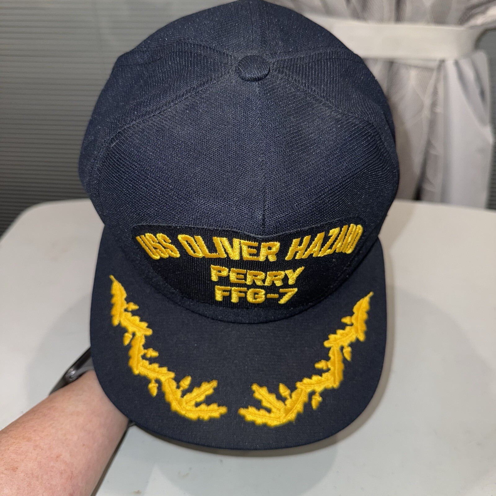 USS OLIVER HAZARD PERRY FFG -7 Navy w Gold Hat Cap Knit Snapback EUC