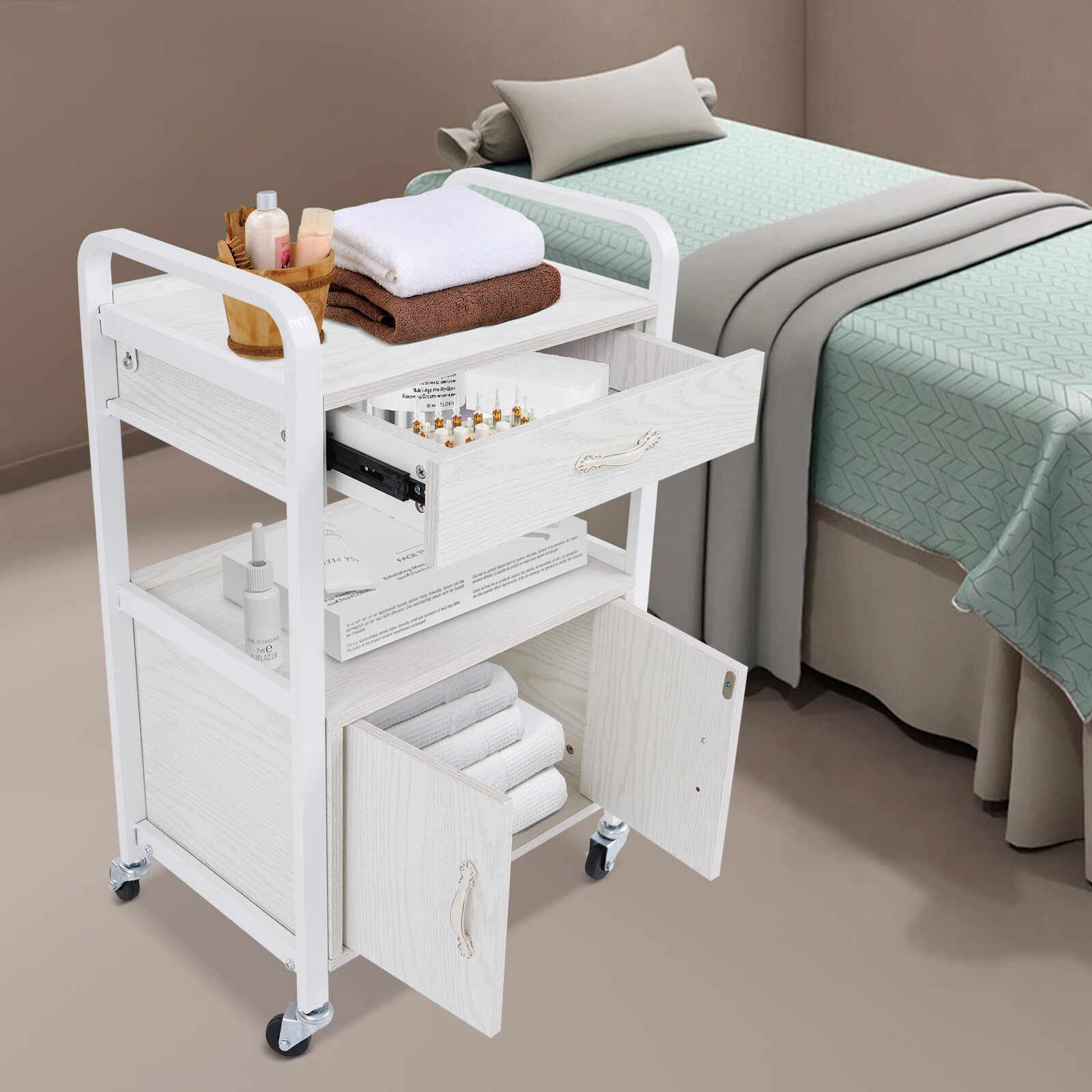 Salon Storage Cabinet 1 Drawer Storage Cart Movable Beauty Organizer With Wheels