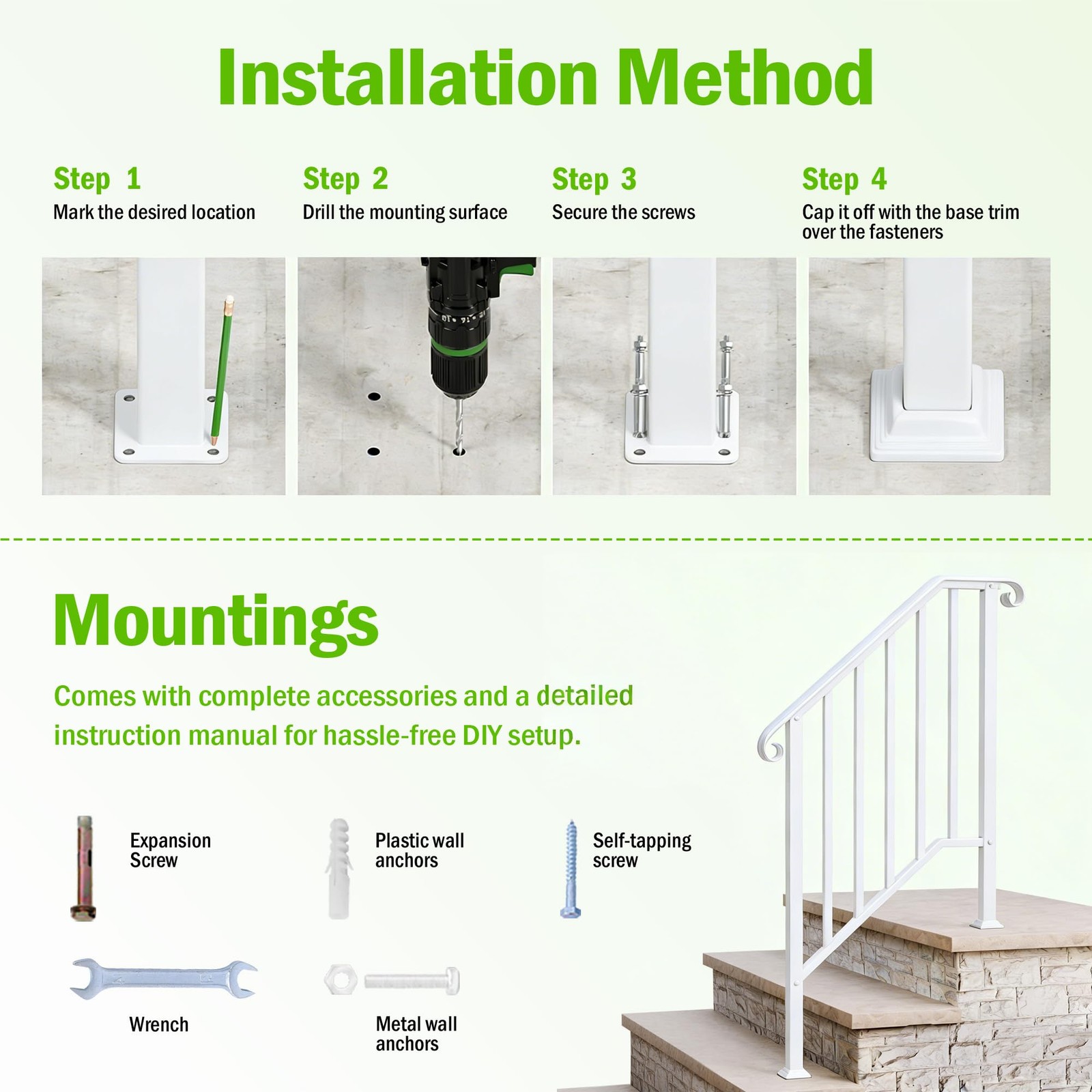 ANTSKU 3 Step Handrails for Outdoor Steps, Wrought Iron Stair 3 - Step, White