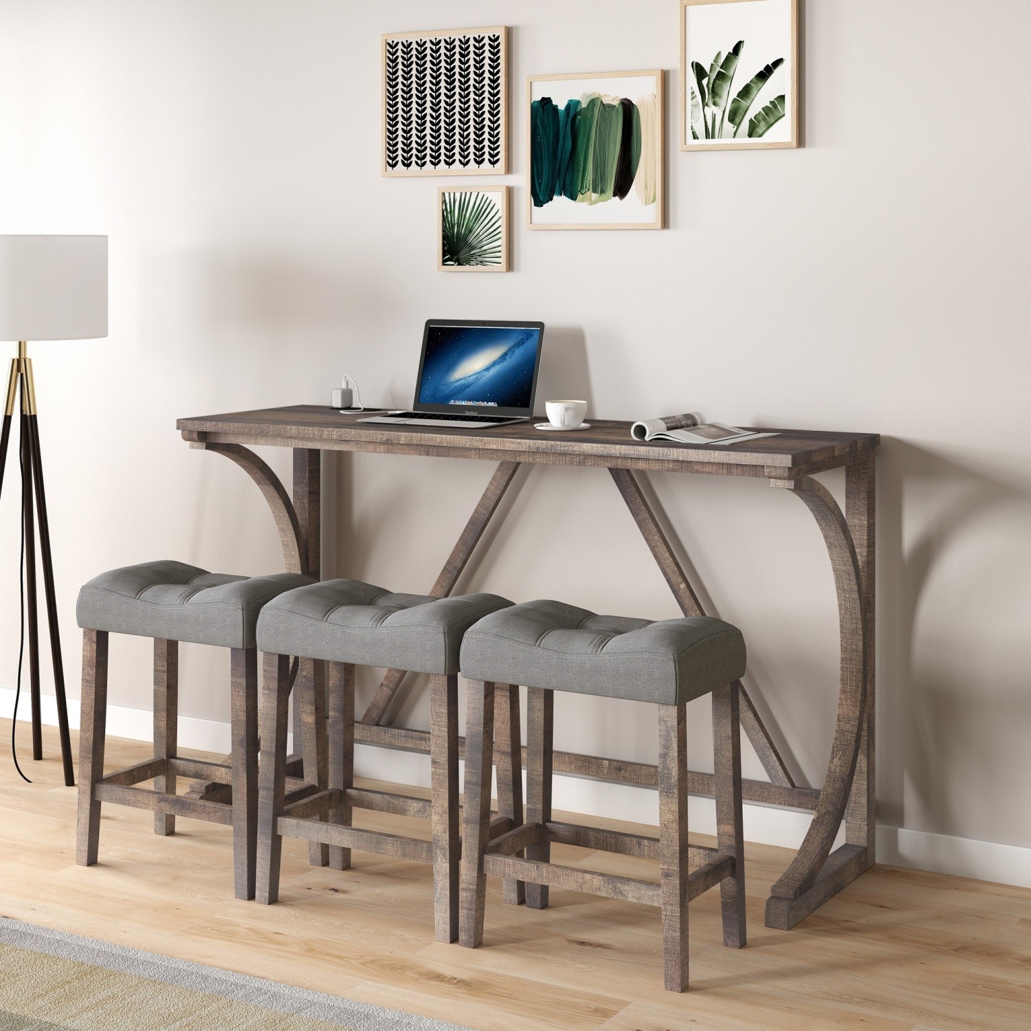Modern 4 Piece Bar Table Set w/ 3 Saddle Bar Stool & USB Ports for Small Spaces