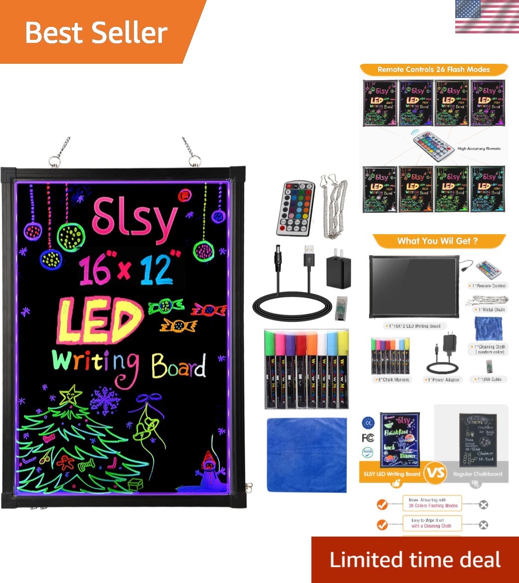 Versatile Neon Message Sign 16"x12" - 8 Fluorescent Markers & 26 Flashing Modes
